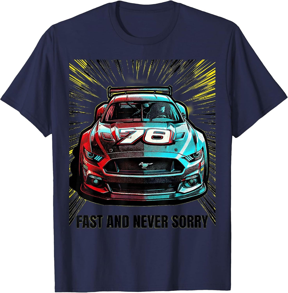Fast and Never Sorry Racing Graphic Design T-Shirt - Navy Blue