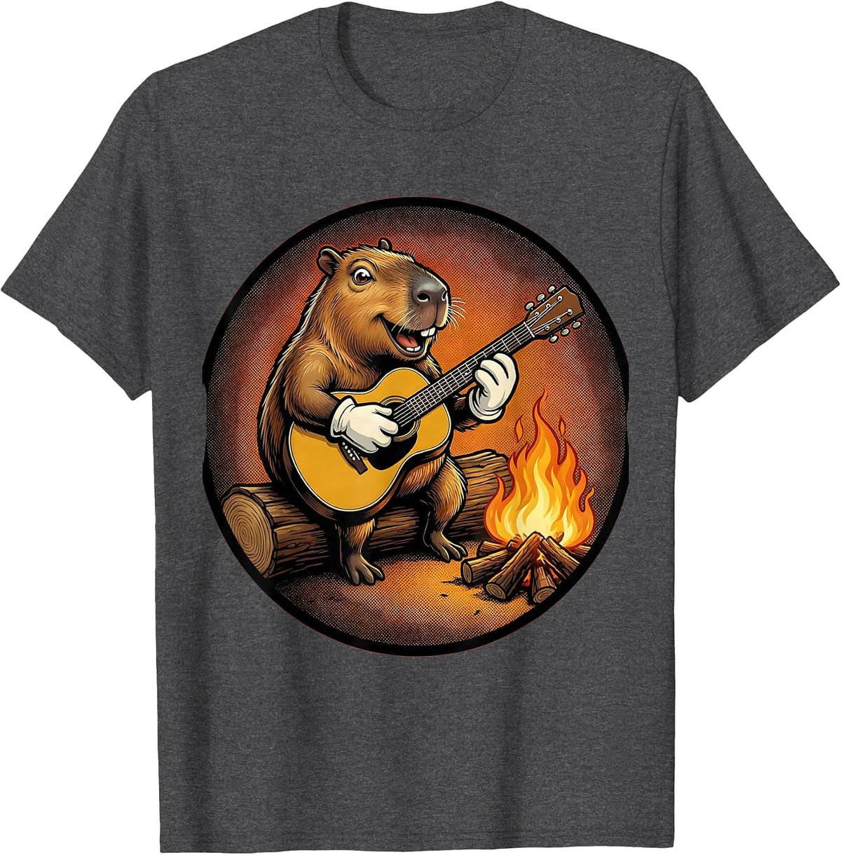 Men's Capybara Guitar Campfire Music Illustration T-Shirt - Dark Heather Grey