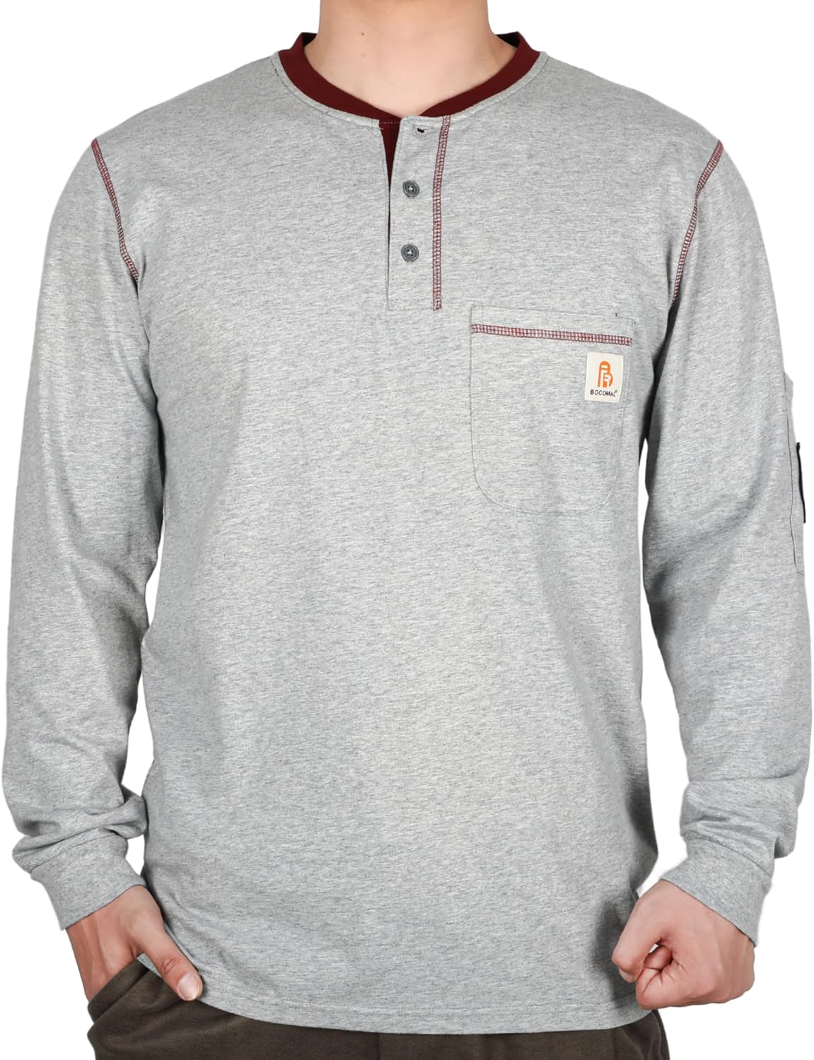 BOCOMAL FR Shirts for Men 5.5oz Long Sleeve Henley Contrast Stitches/Collar - Henley Heather Grey