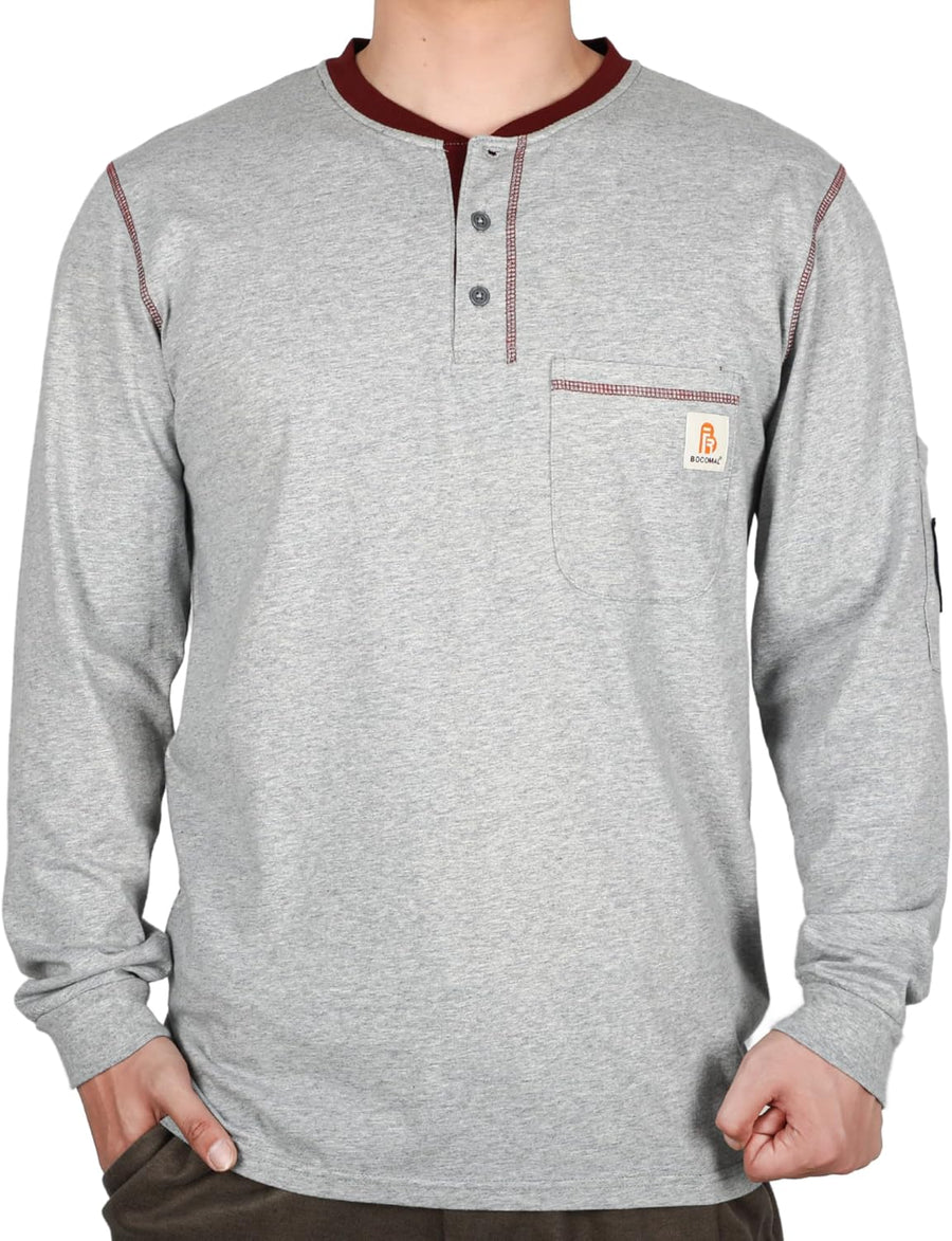 BOCOMAL FR Shirts for Men 5.5oz Long Sleeve Henley Contrast Stitches/Collar - Henley Heather Grey