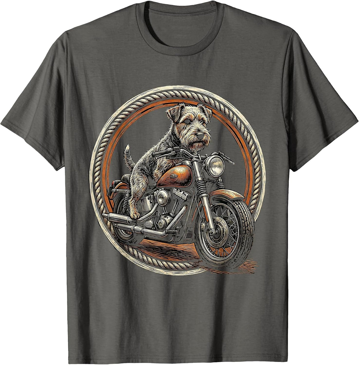 Scruffy Terrier Riding a Vintage Motorcycle T-Shirt - Asphalt Grey