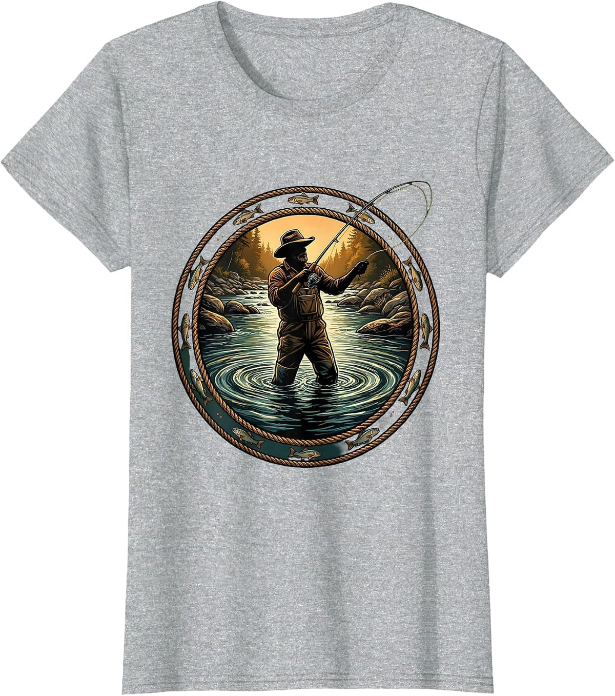 Fly Fishing Waders Deep River Fisherman Graphic T-Shirt - Heather Grey