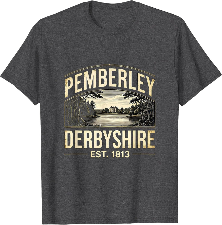 Men's Pemberley Derbyshire Est 1813 Vintage Jane Austen Book Lover T-Shirt - Dark Heather Grey