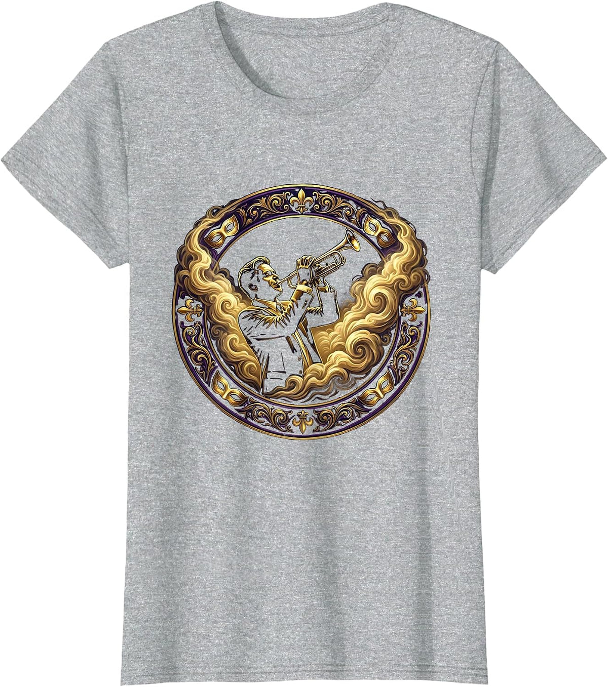 Mardi Gras Jazz Musician Silhouette Purple Fog T-Shirt - Heather Grey