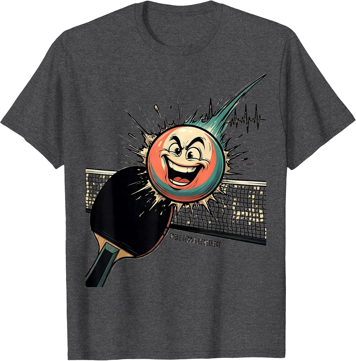 Men's Table Tennis Heartbeat Cartoon Ping Pong Player Humor T-Shirt - Dark Heather Grey