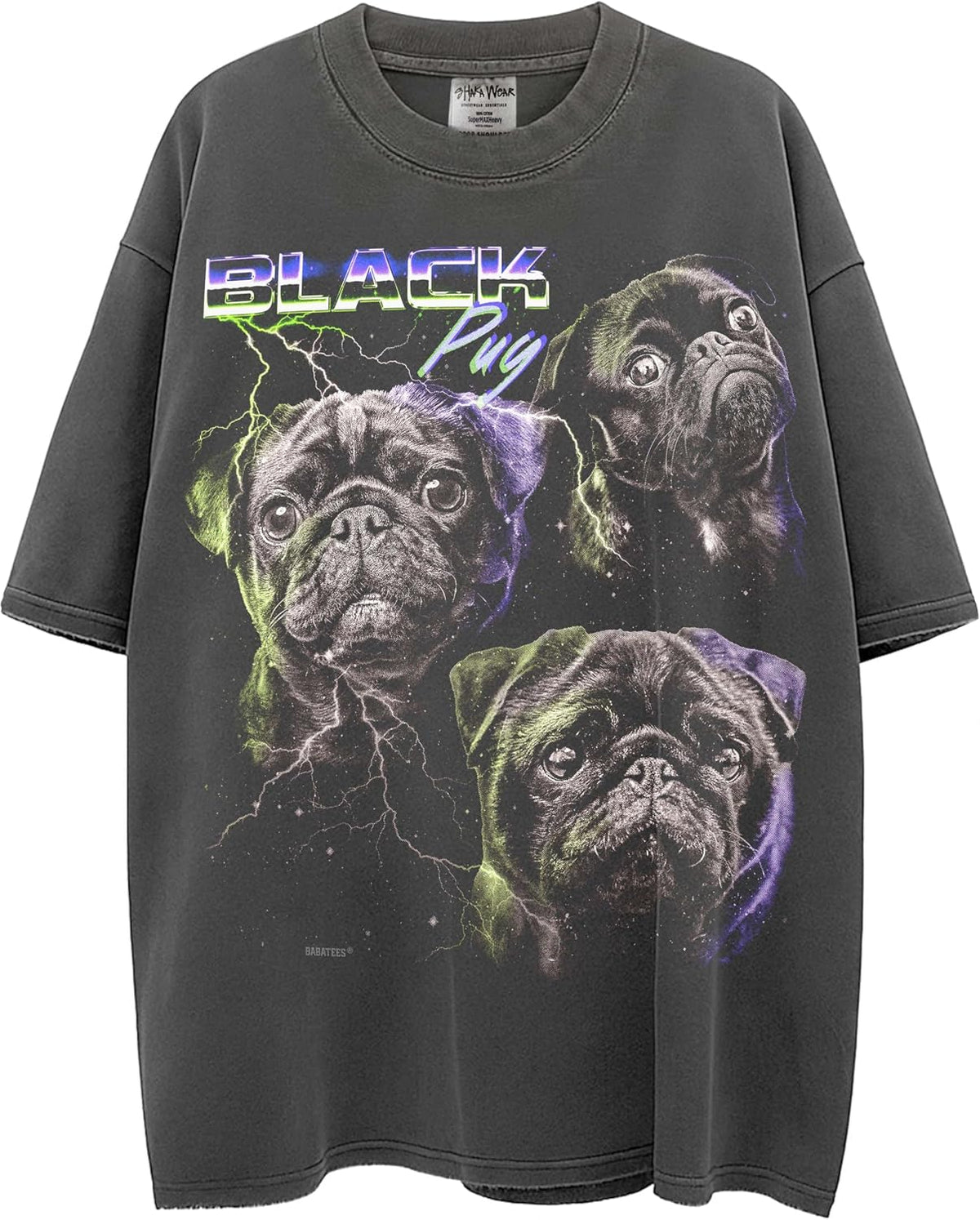 Heavy Metal Dogs – Heavyweight, Washed & Oversized Shaka-Wear Drop Shoulder Tshirt for Men & Women - Black Pug