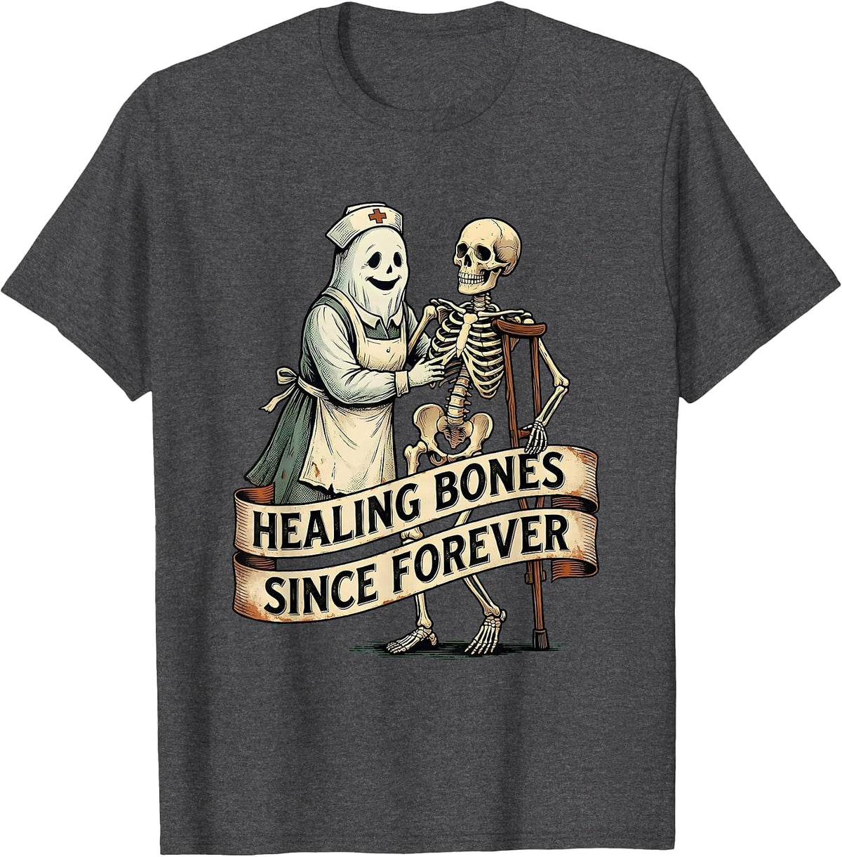 Men's Halloween Nurse Ghost Physical Therapist Design T-Shirt - Dark Heather Grey