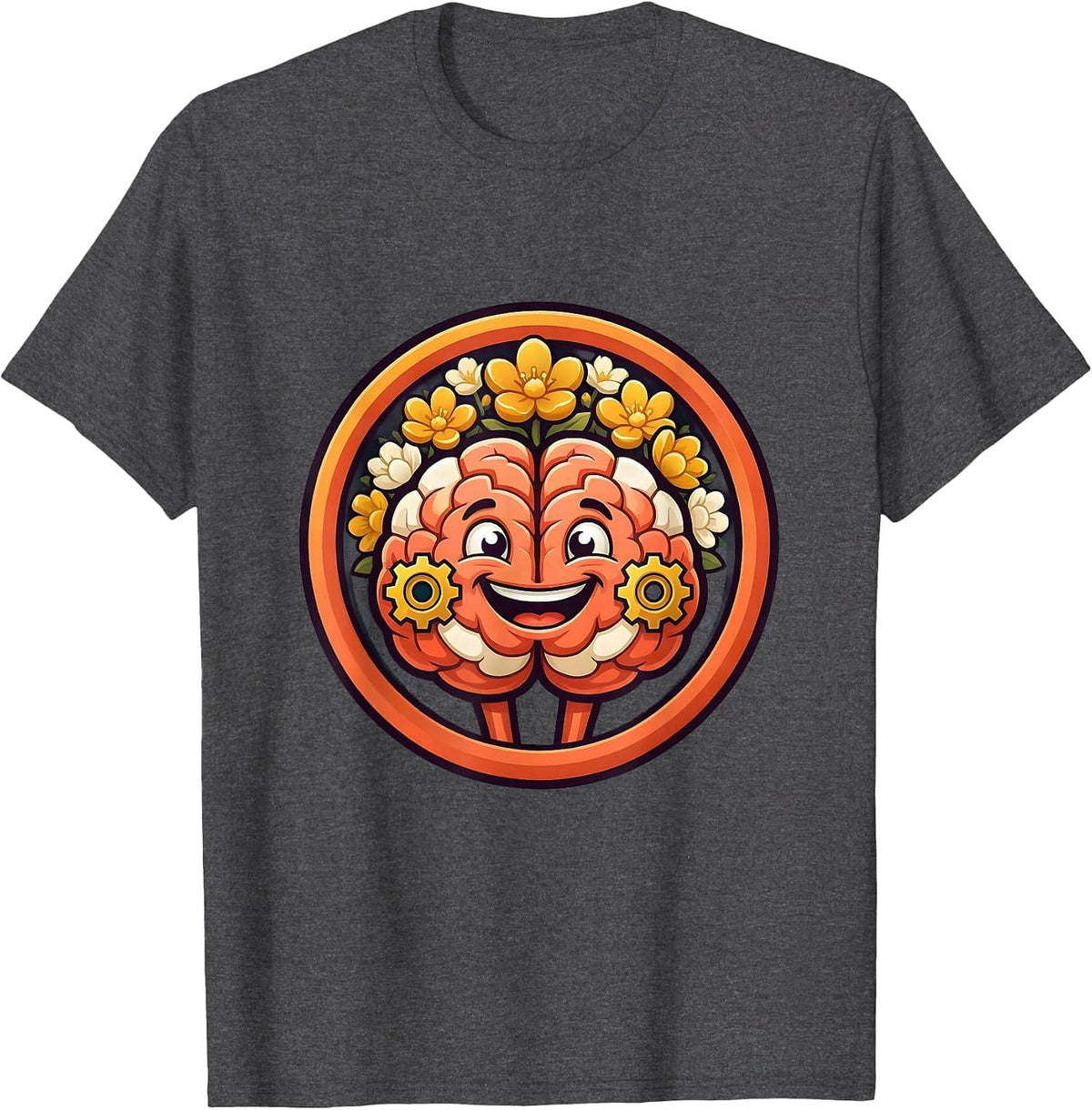 Men's School Counselor Brain Gears and Flowers Graphic T-Shirt - Dark Heather Grey