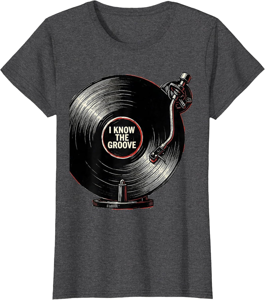 Women's I Know The Groove Linocut Vinyl DJ Music Lover Turntable T-Shirt - Dark Heather Grey