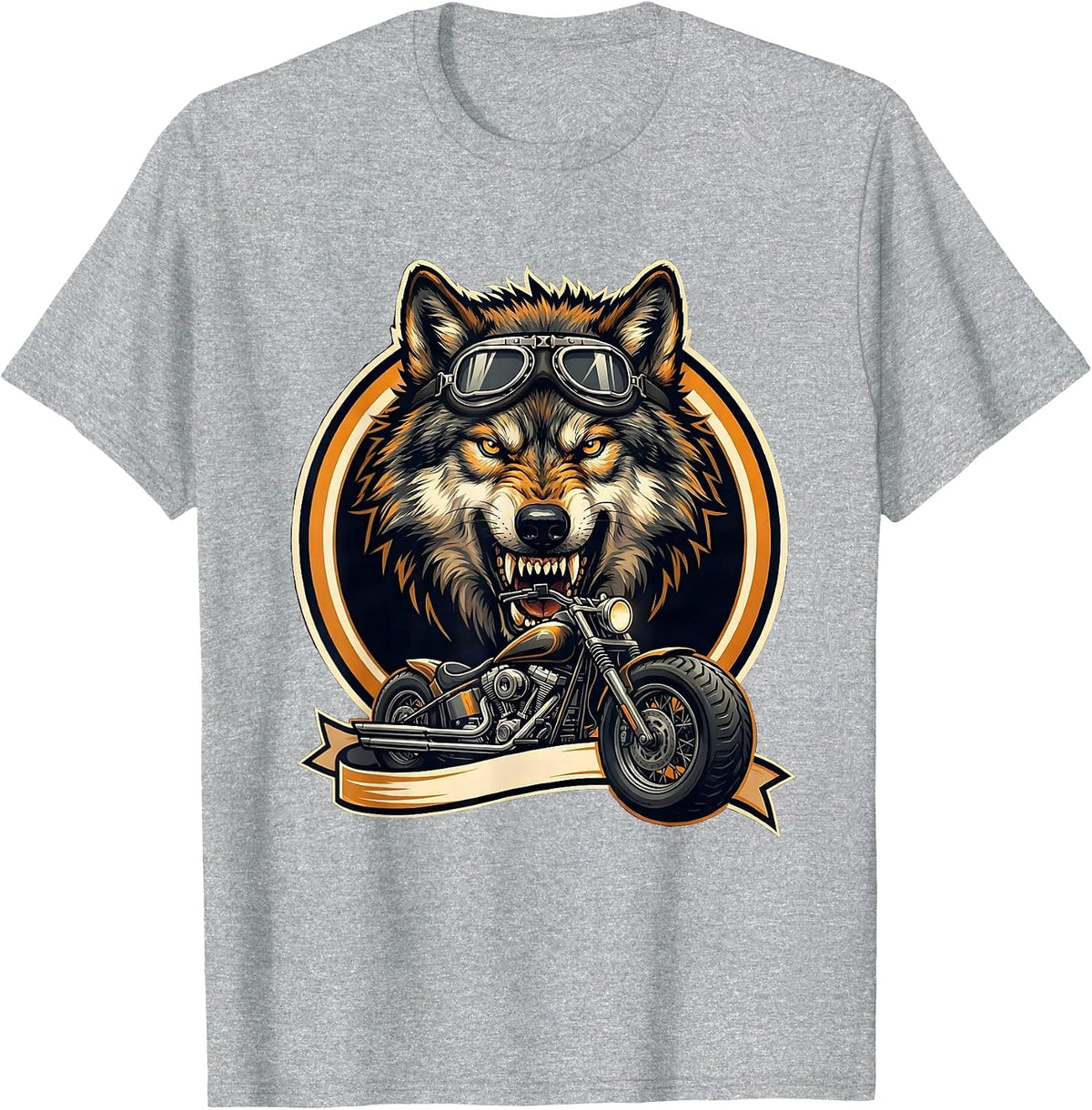Men's Wolf Aviator Biker Graphic Tee Motorcycle Design T-Shirt - Heather Grey