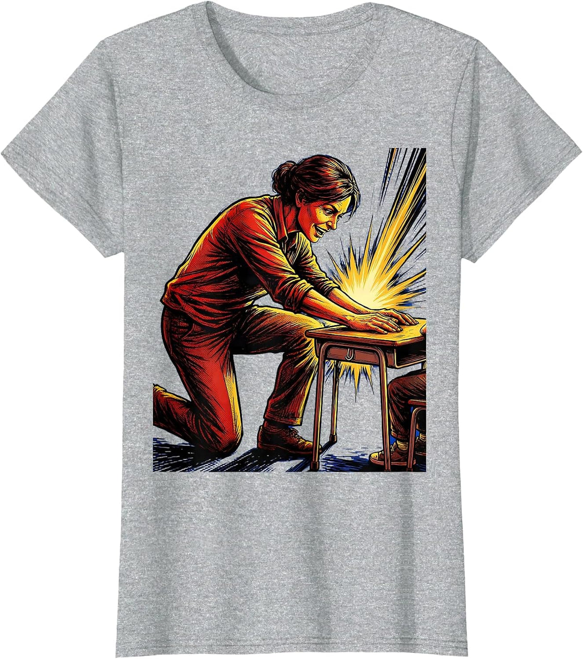 Women's SPED Teacher Kneeling at Student Desk Illustration T-Shirt - Heather Grey