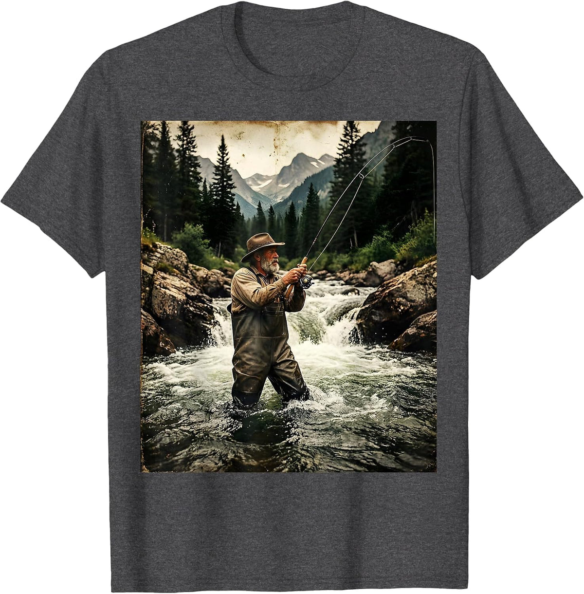 Fly Fishing Mountain Stream Wading Graphic T-Shirt - Dark Heather Grey