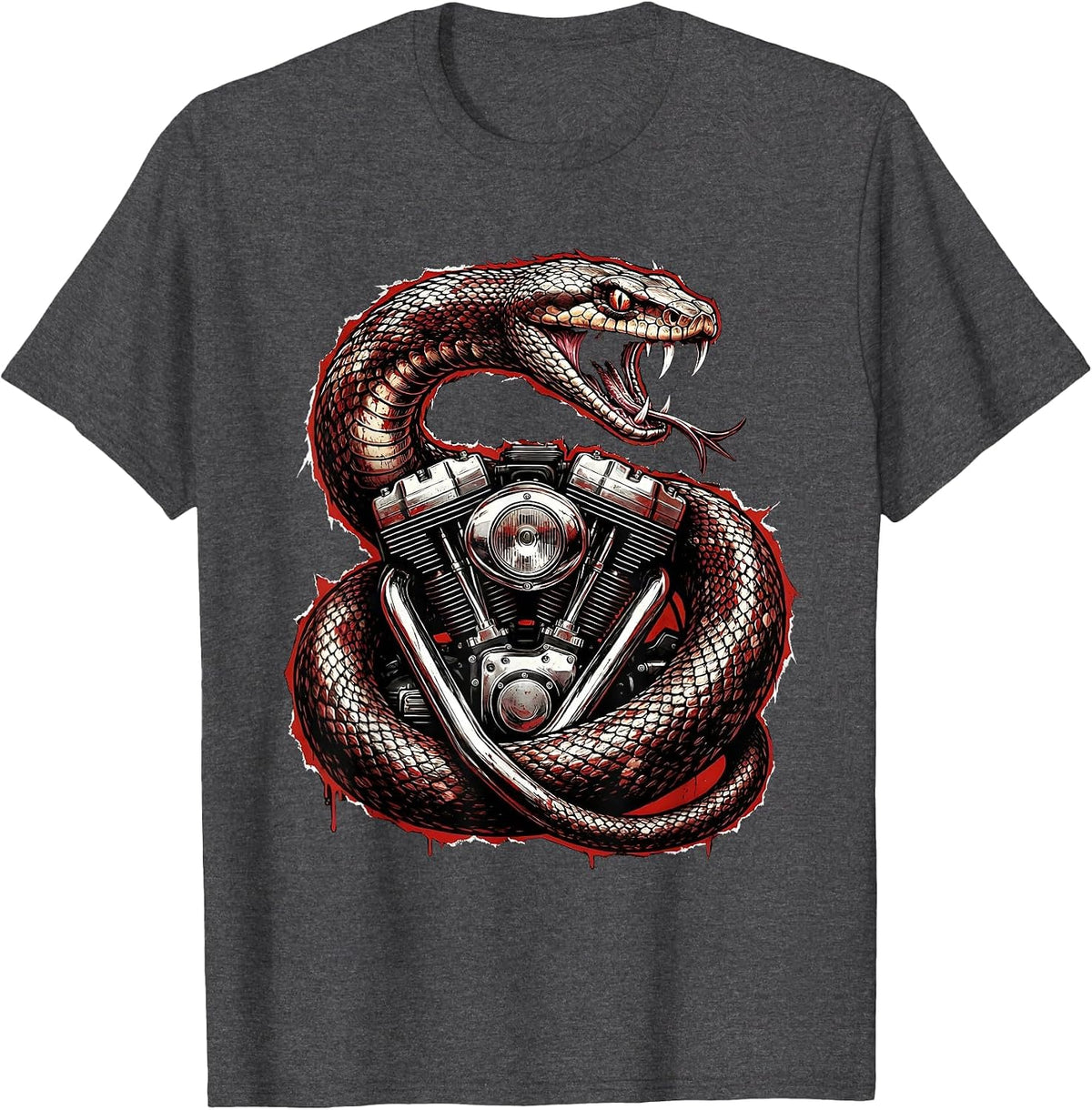 Men's Snake Coiled Vintage Motorcycle Engine Biker Art T-Shirt - Dark Heather Grey