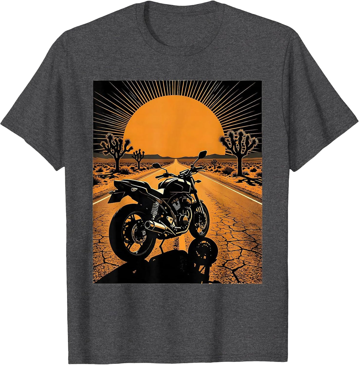 Lone Motorcycle Desert Highway Dusk Biker Graphic T-Shirt - Dark Heather Grey