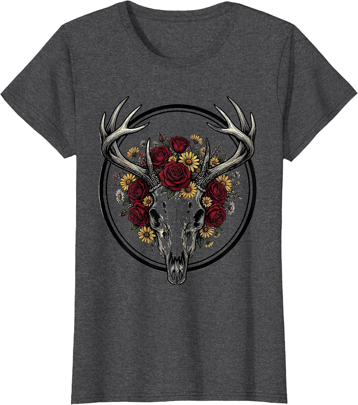 Women's Deer Skull Wildflower Crown Hunting Graphic T-Shirt - Dark Heather Grey