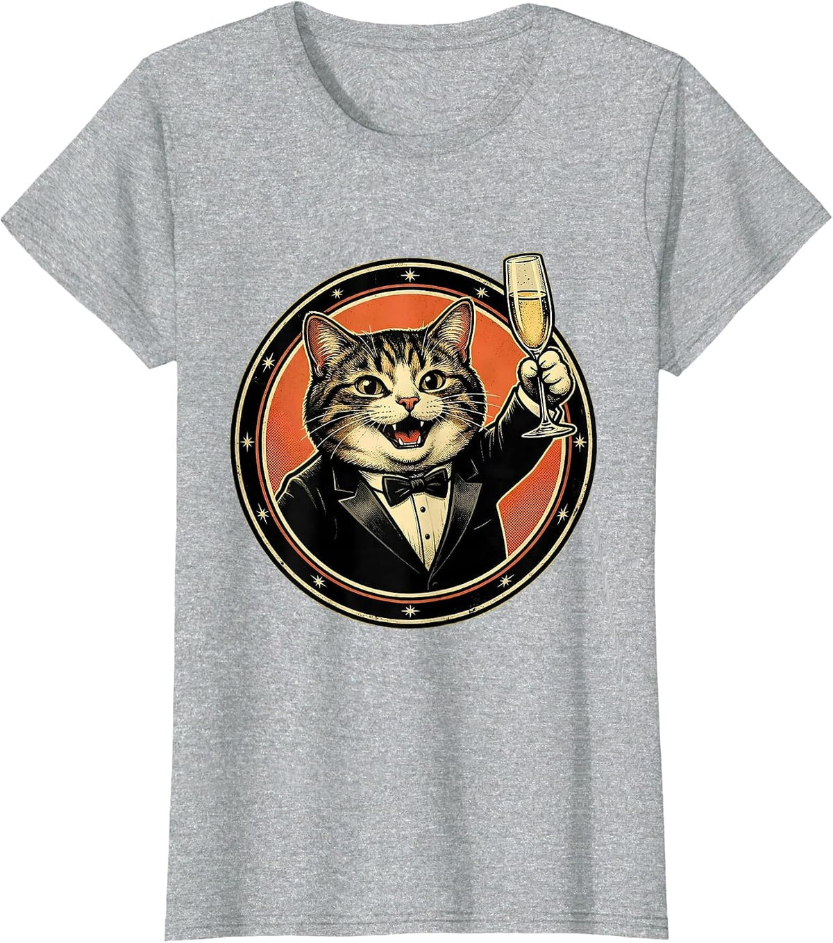 Women's Fancy Cat in Tuxedo with Champagne Glass T-Shirt - Heather Grey