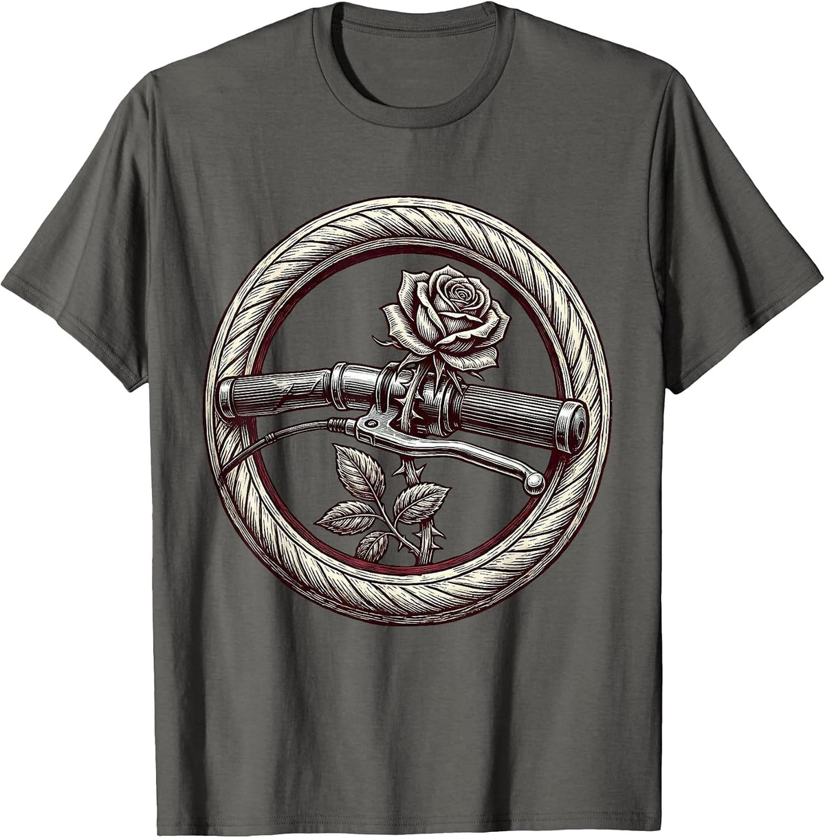 Rose Wrapped Chrome Motorcycle Handlebar Graphic T-Shirt - Asphalt Grey