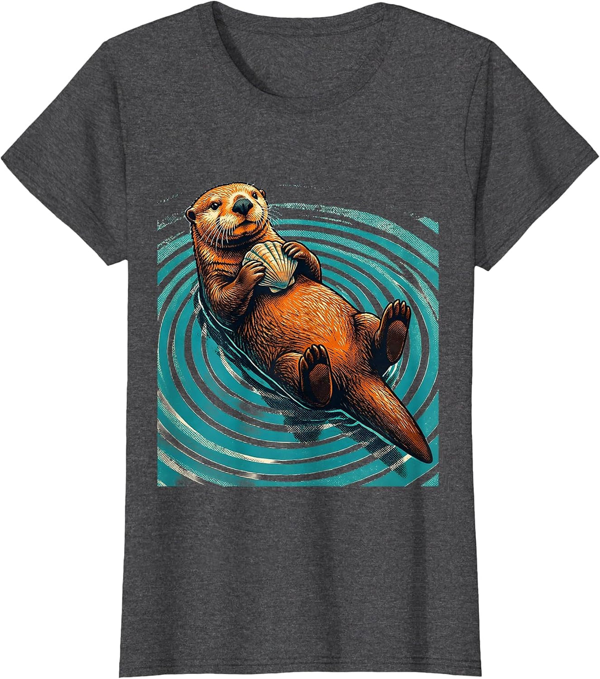 Women's Sea Otter Cracking Clam Graphic Design T-Shirt - Dark Heather Grey
