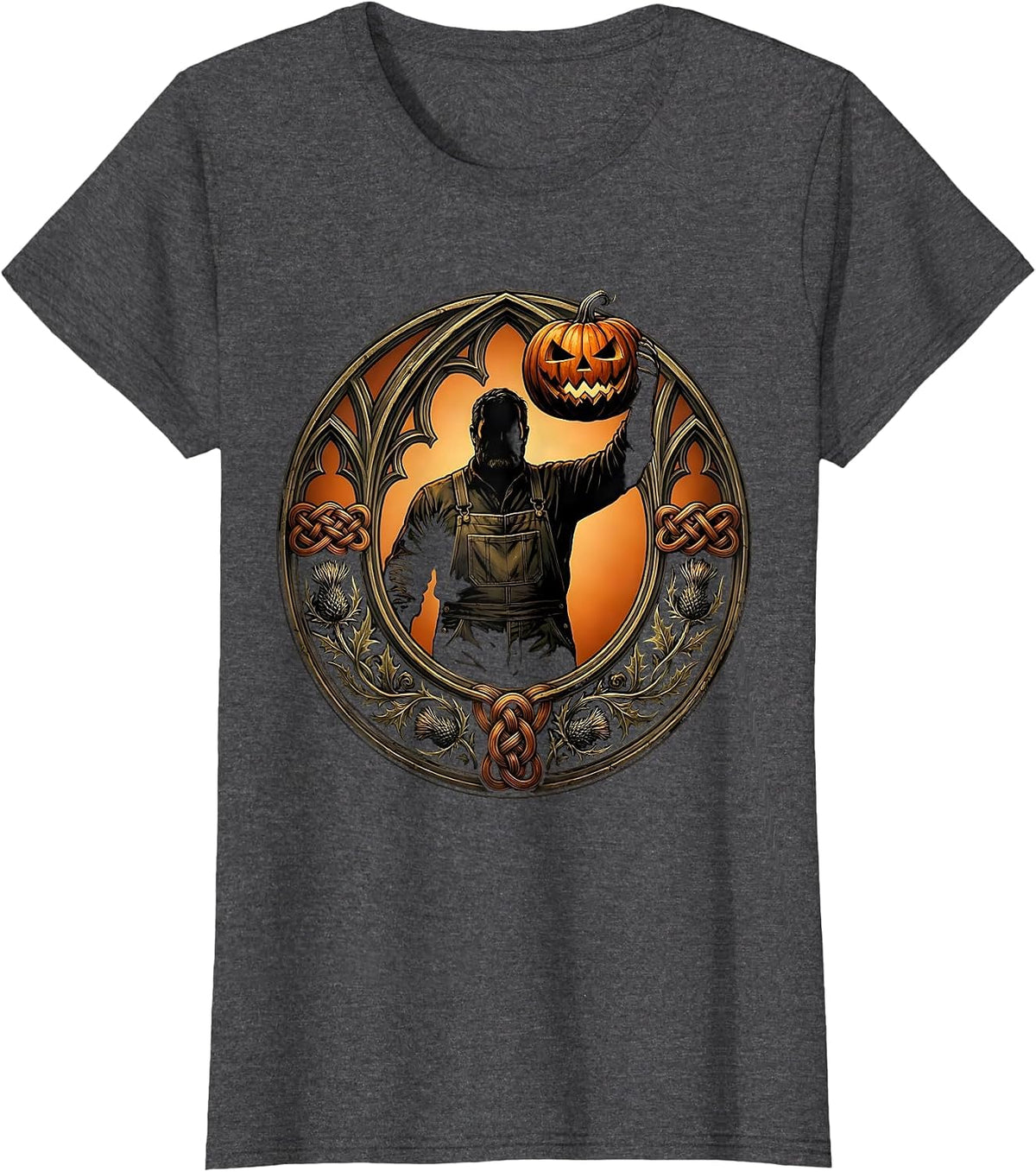 Women's Pumpkin Farmer Carved Lantern Halloween Graphic T-Shirt - Dark Heather Grey