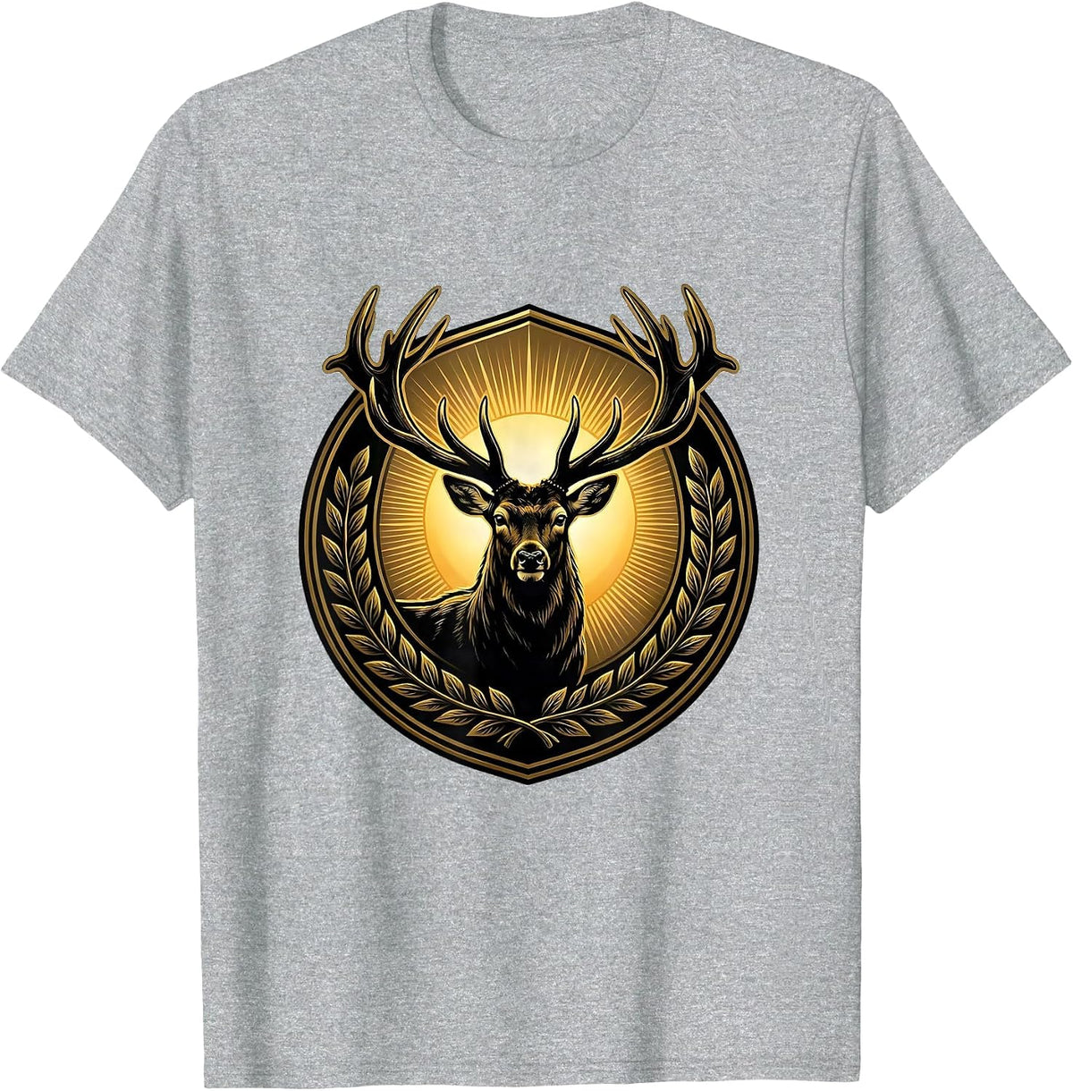 Men's Buck Deer Silhouette Rising Sun Hunting Design T-Shirt - Heather Grey