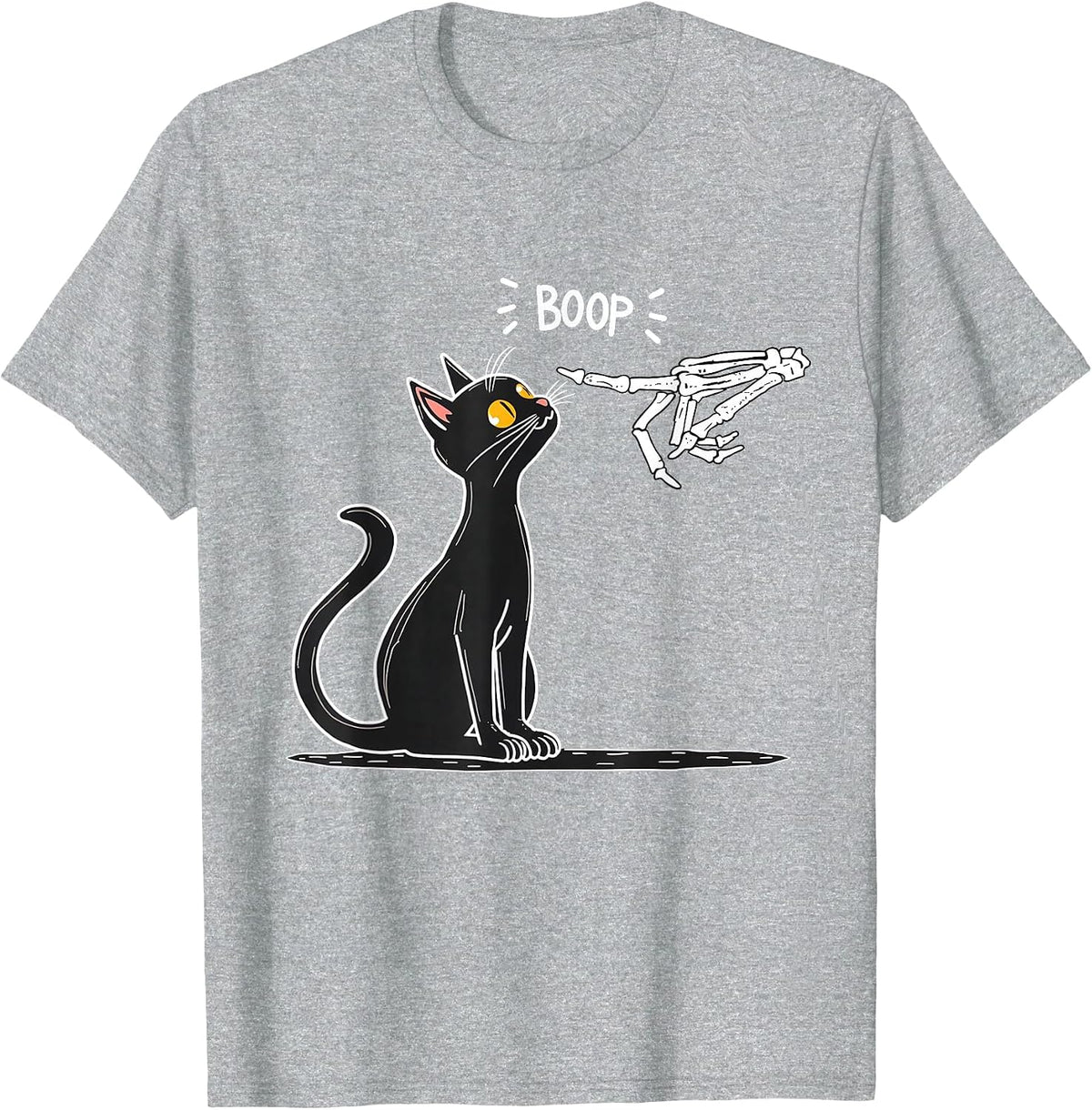 Black Cat Skeleton Hand Boop Halloween T-Shirt - Heather Grey