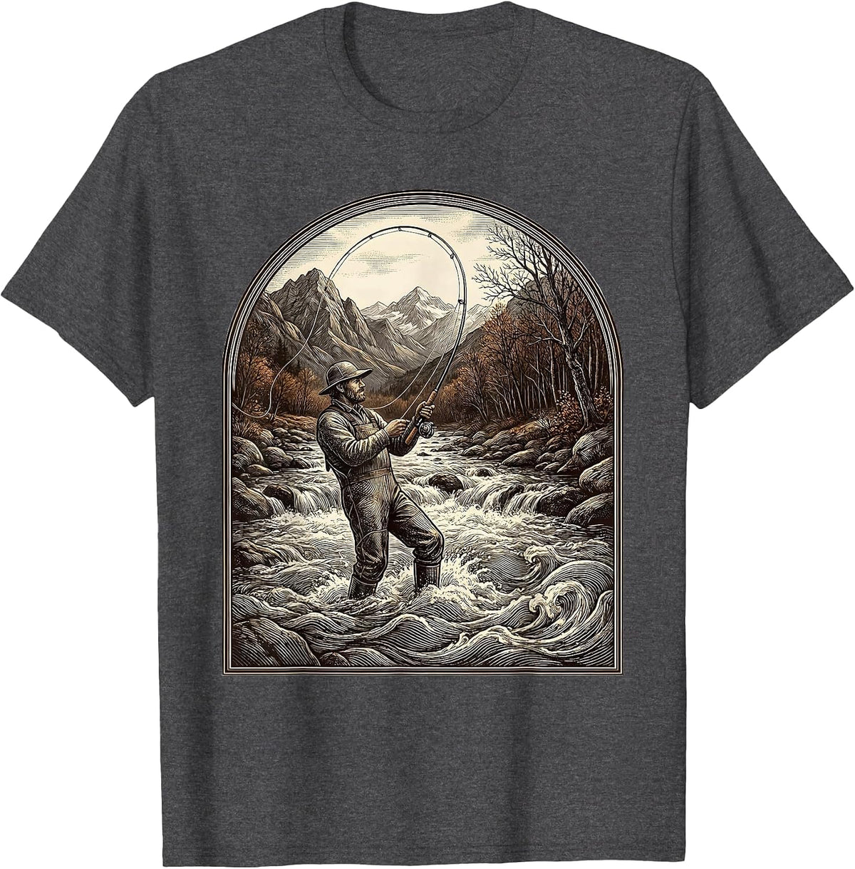 Fly Fishing Mountain Stream Fall Illustration T-Shirt - Dark Heather Grey