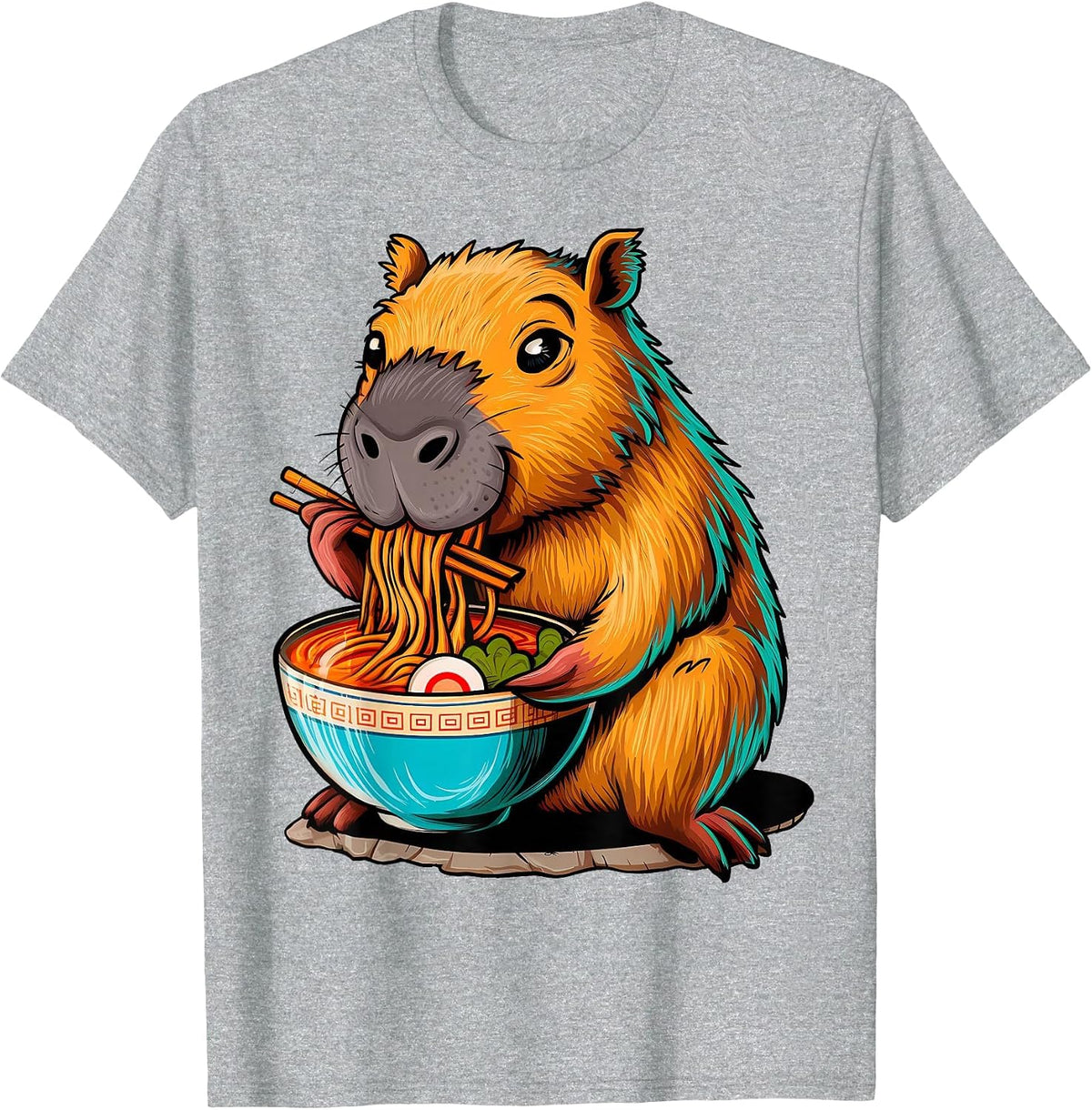 Cute Kawaii Capybara Eating Japanese Ramen Noodles Anime T-Shirt - Heather Grey