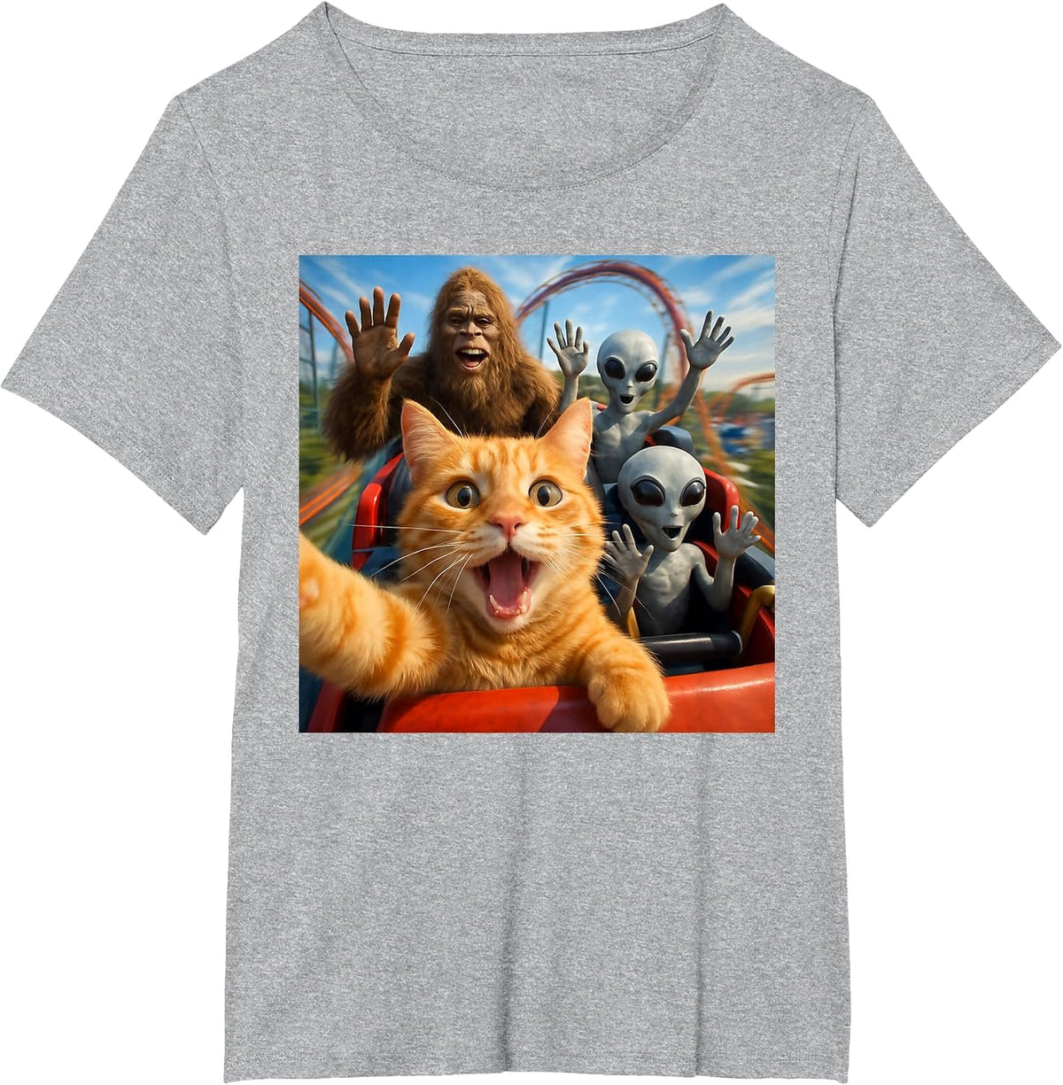 Funny Cat Selfie with Big Foot & Alien Roller Coaster Meme T-Shirt - Heather Grey