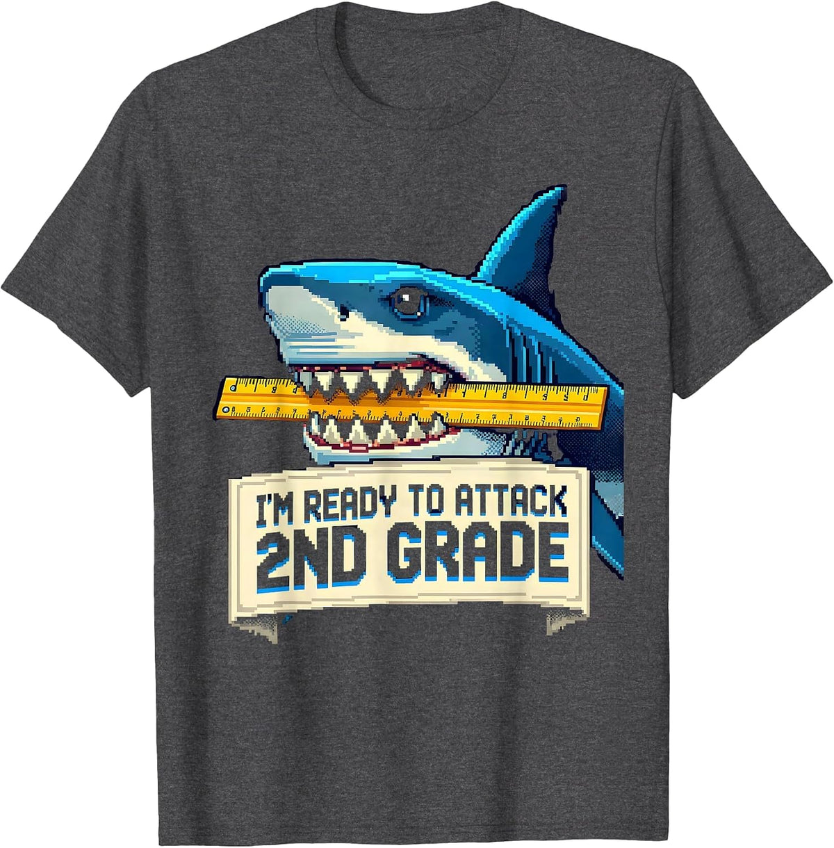 I'm Ready To Attack 2nd Grade Pixel Art Funny Shark Back T-Shirt - Dark Heather Grey