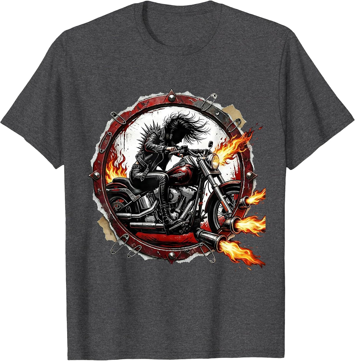 Men's Leather Jacket Biker Rider Motorcycle Graphic Tee T-Shirt - Dark Heather Grey