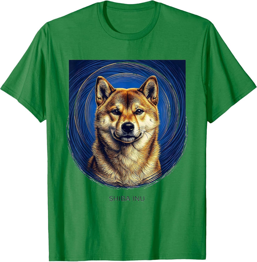 Men's Shiba Inu Van Gogh Style Starry Night Dog Breed Portrait Art T-Shirt - Kelly Green