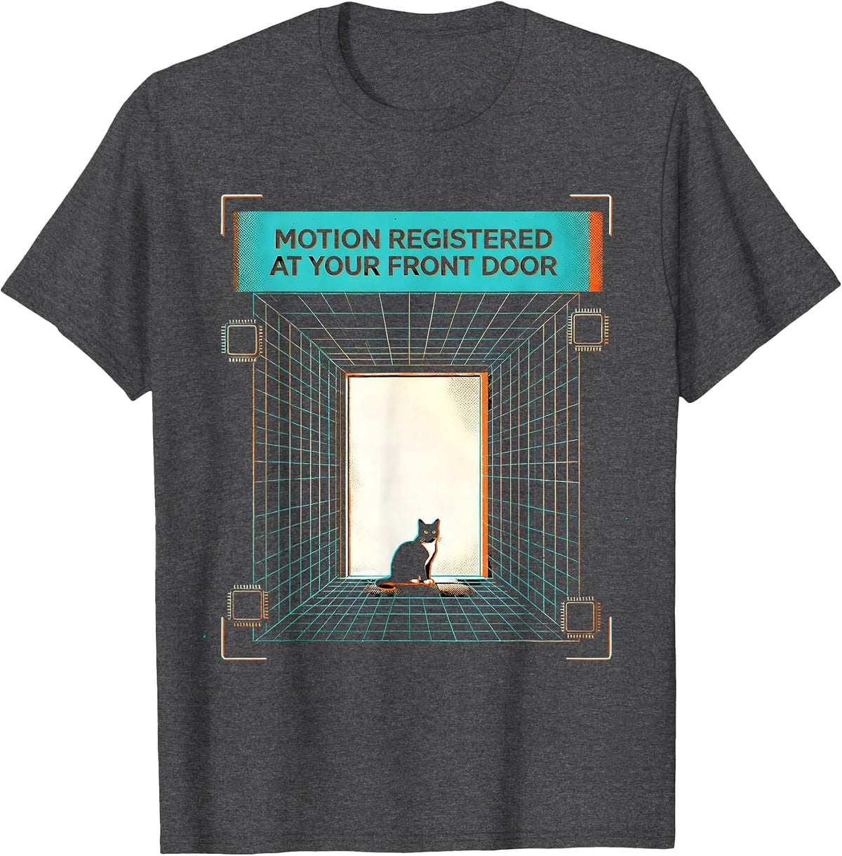 Men's Motion registered at your front door Funny Cat Motion Meme T-Shirt - Dark Heather Grey