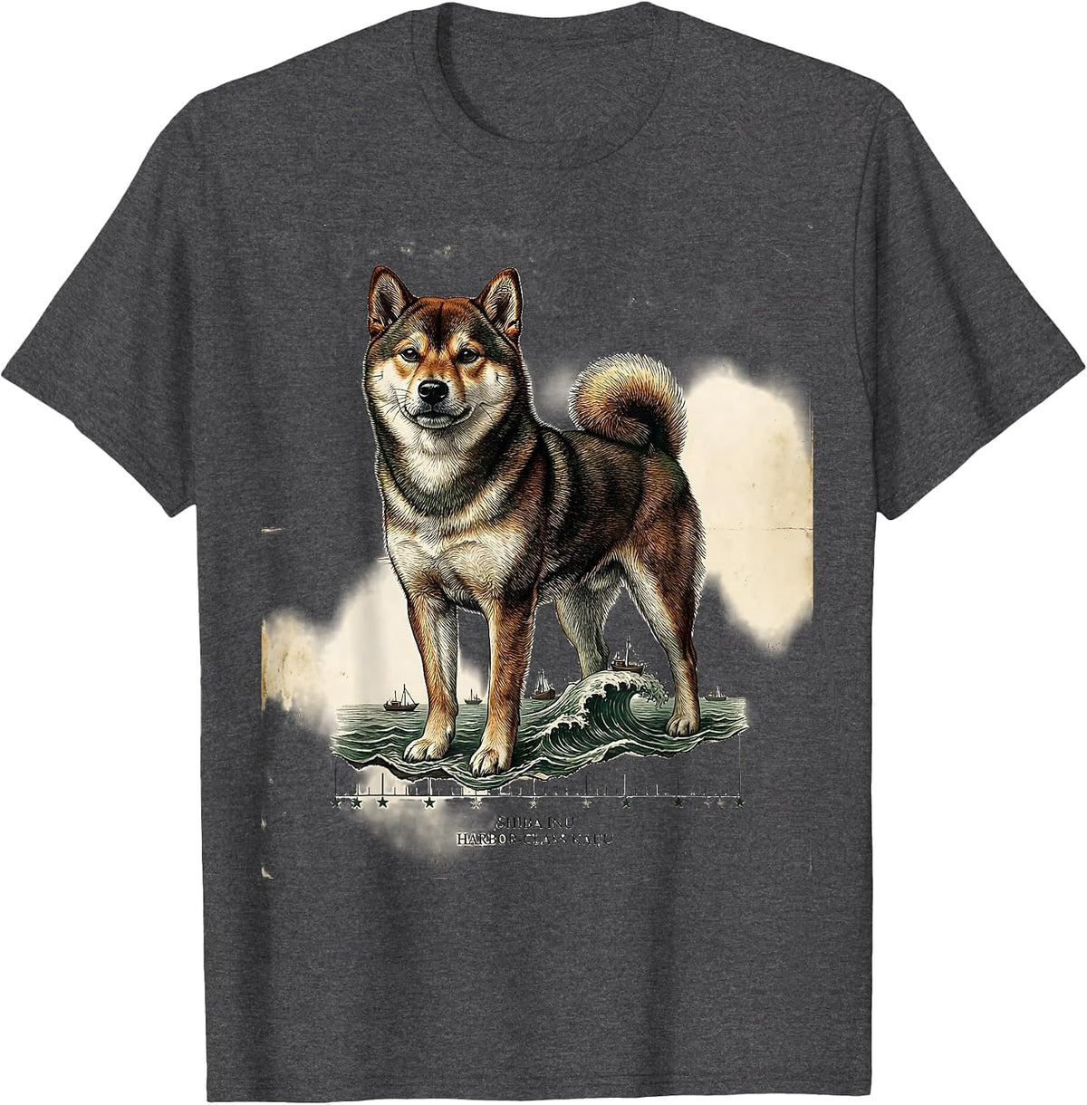 Shiba Inu Harbor-Class Kaiju Vintage Japanese Monster Parody T-Shirt - Dark Heather Grey