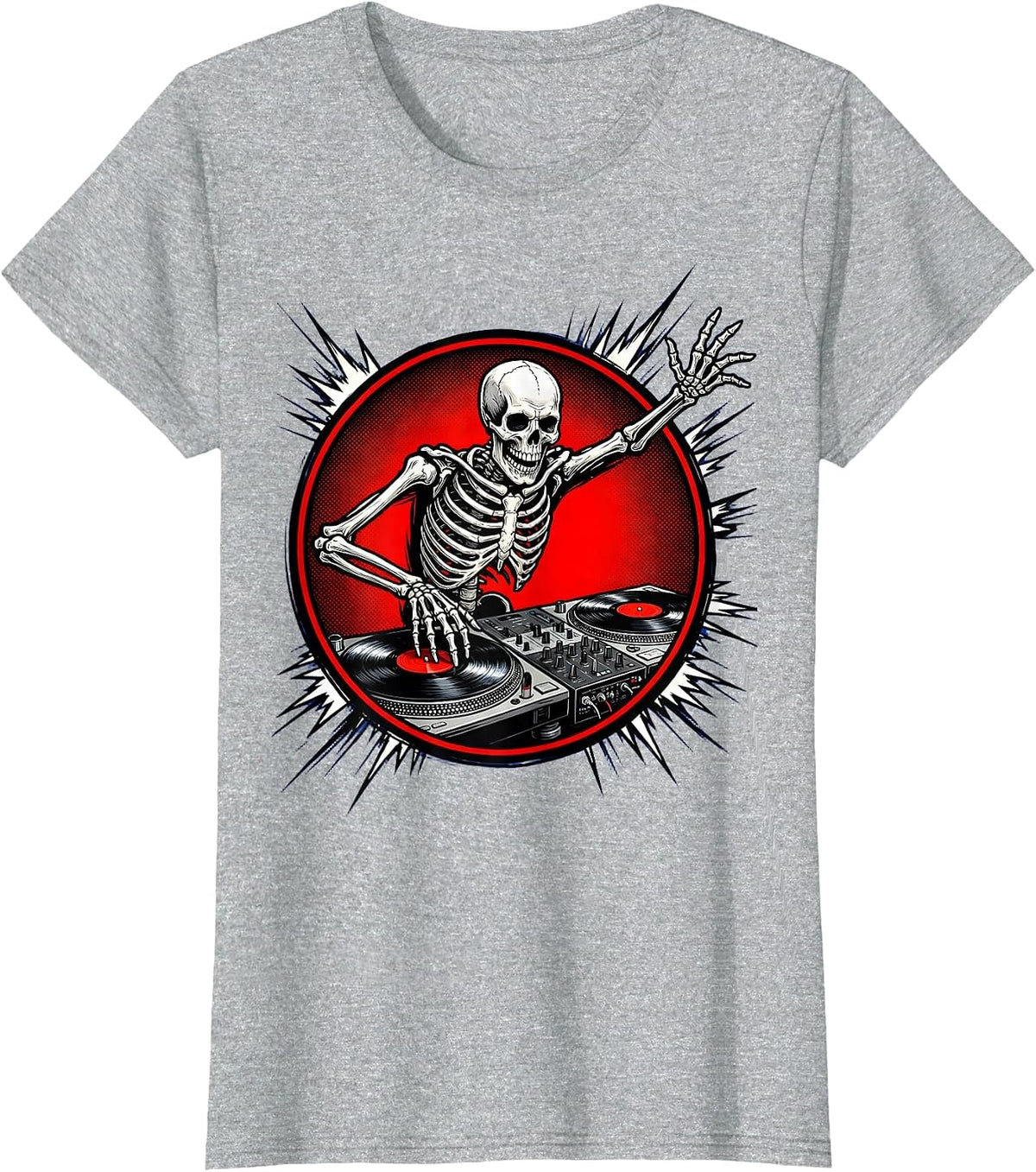Women's Skeleton DJ Spinning Records Turntable Graphic T-Shirt - Heather Grey