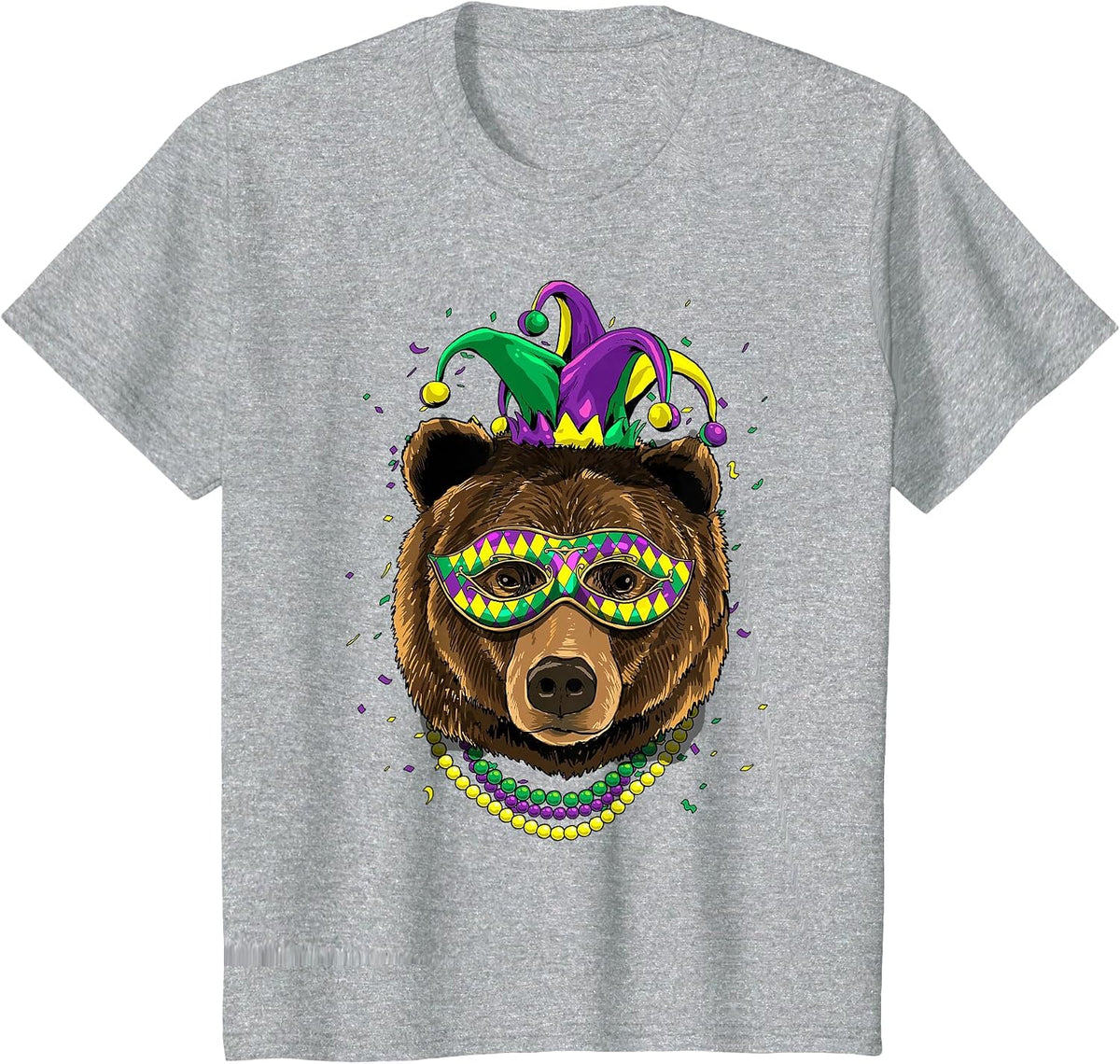 Bear Animal Lover Cute Mardi Gras Carnival Jester T-Shirt, Youth, Heather Grey, Small - As Pictured