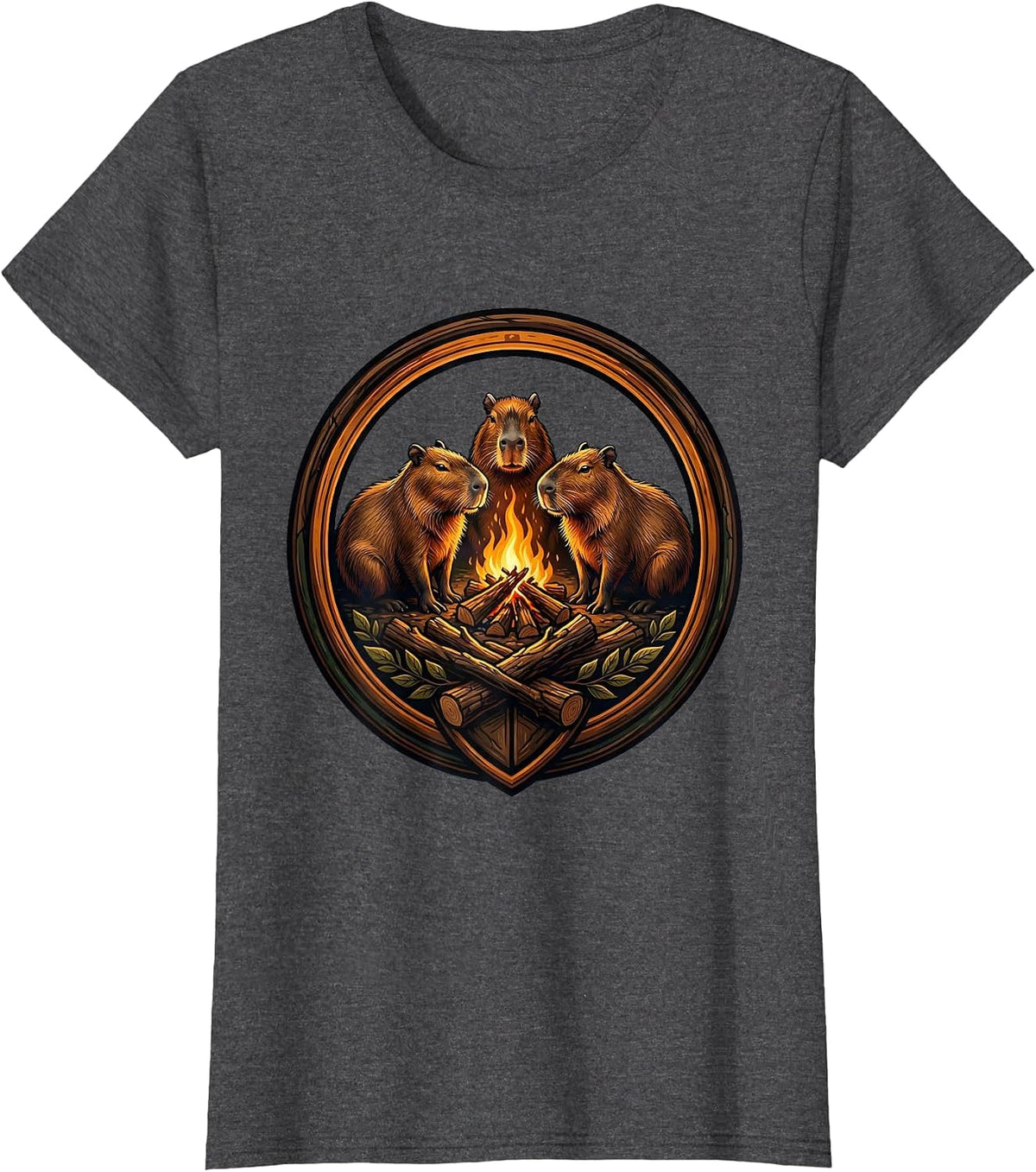 Women's Capybaras Around the Campfire Illustrated Design T-Shirt - Dark Heather Grey