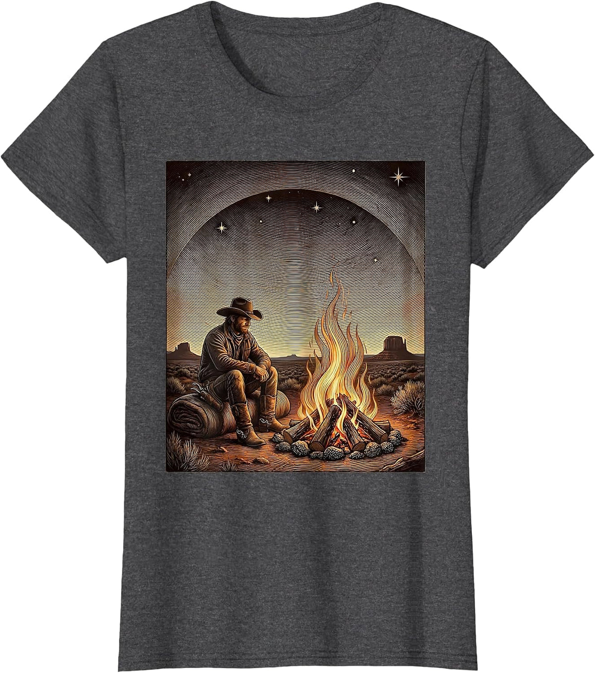 Women's Campfire Starry Night Western Wilderness Design T-Shirt - Dark Heather Grey