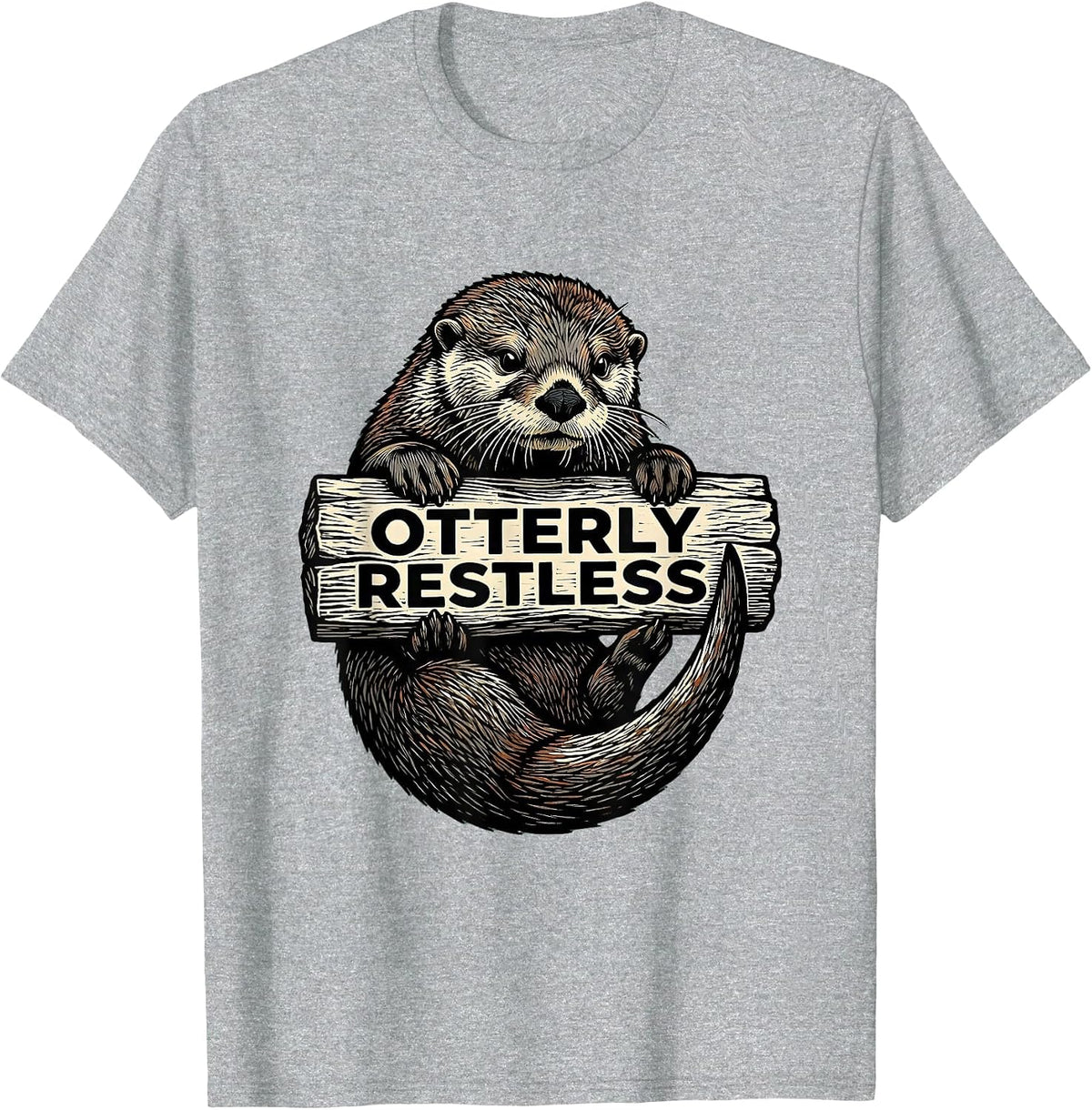 Men's Otterly Restless Funny Otter Lover Linocut Humor Gift T-Shirt - Heather Grey