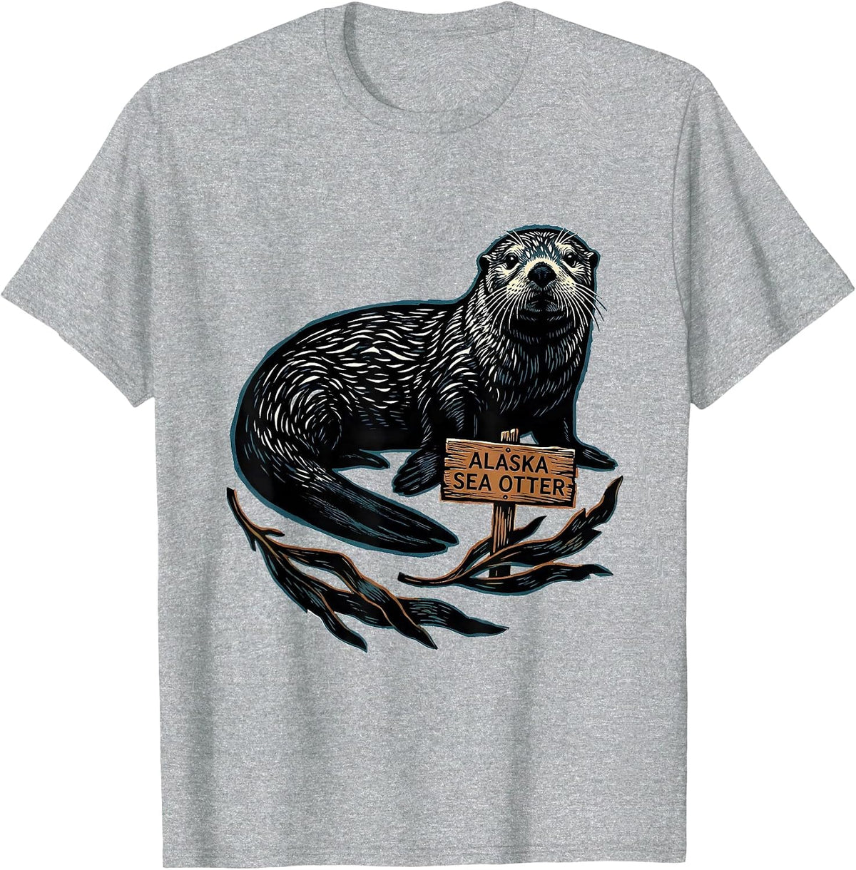 Men's Alaska Sea Otter Linocut Vintage State Pride Wildlife T-Shirt - Heather Grey