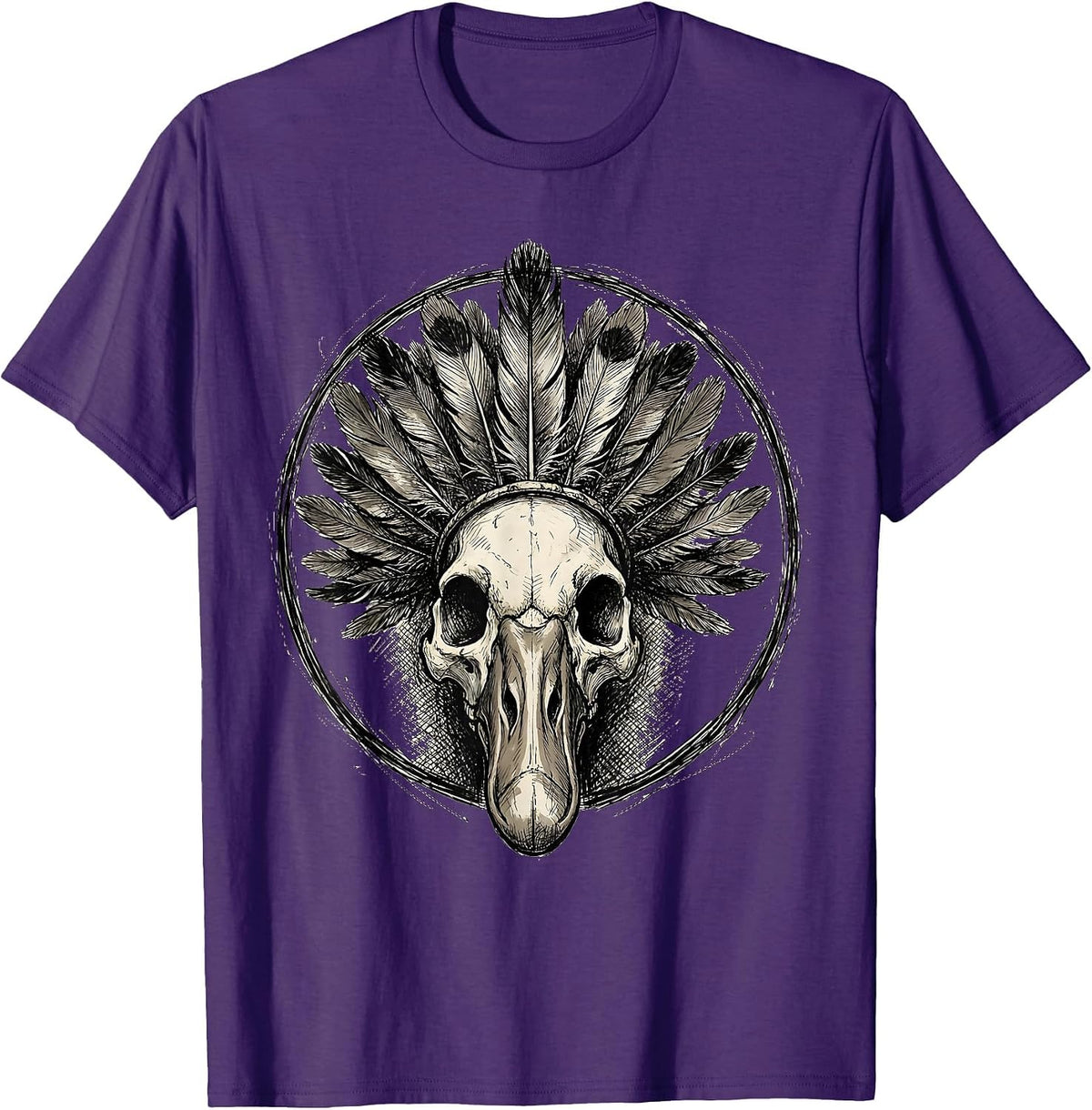 Goose Skull With Feather Headdress Illustration T-Shirt - Purple