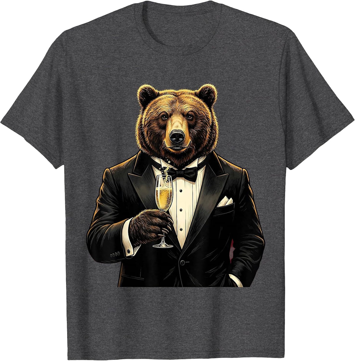 Bear in Tuxedo Champagne Glass Illustration T-Shirt - Dark Heather Grey