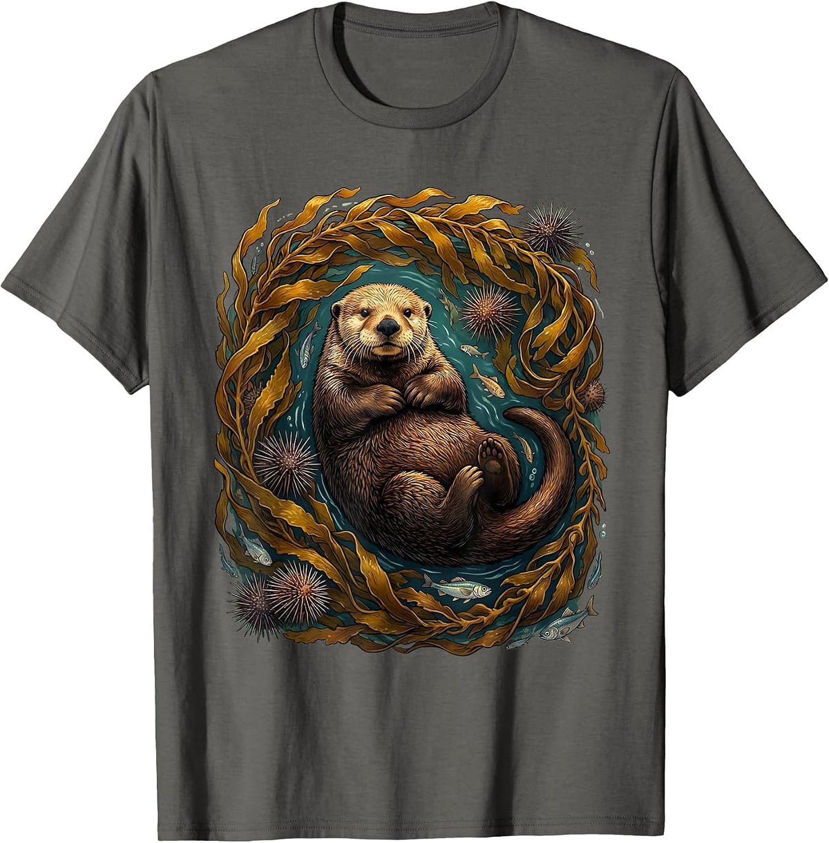 Men's Sea Otter Swirling Kelp Forest Illustration T-Shirt - Asphalt Grey
