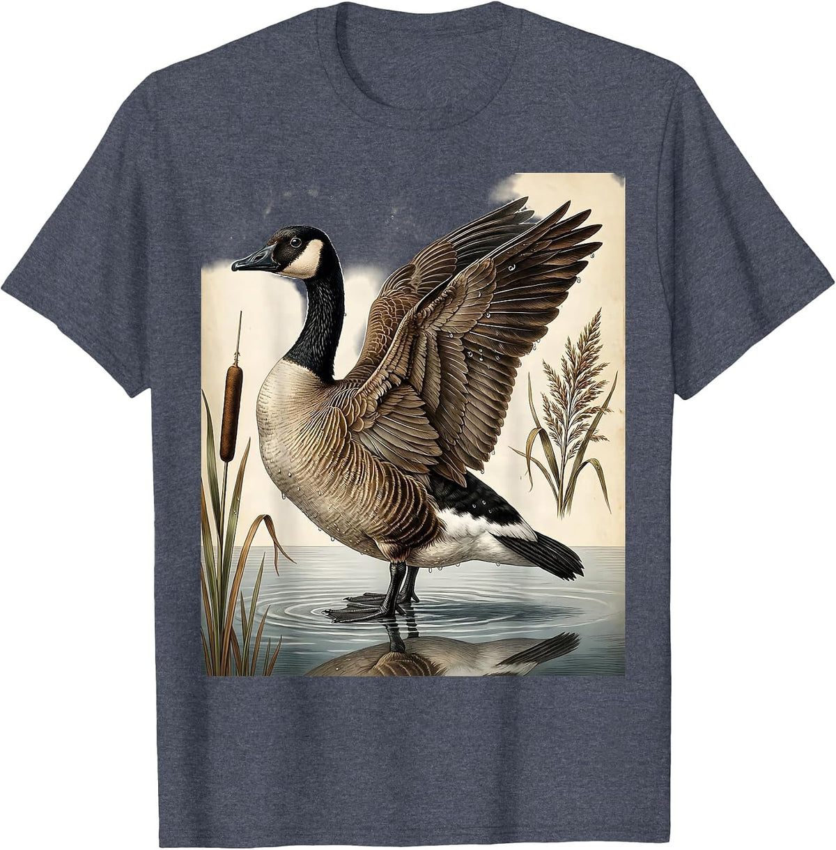 Goose Emerging From Misty Lake at Dawn T-Shirt - Heather Blue