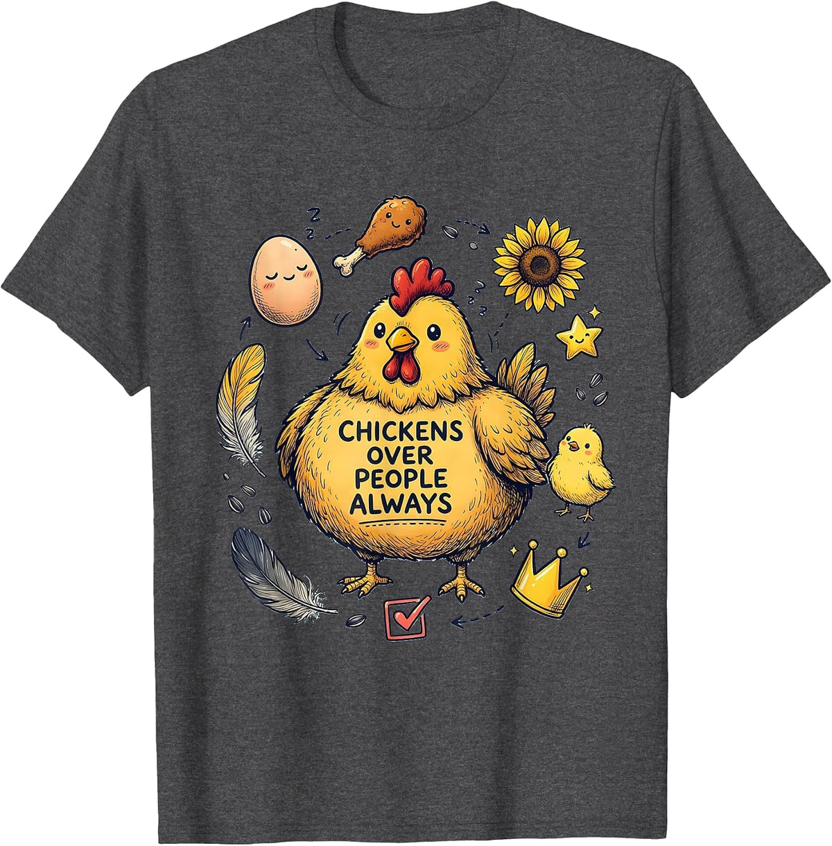 Men's Chickens Over People Always Funny Chicken Design T-Shirt - Dark Heather Grey