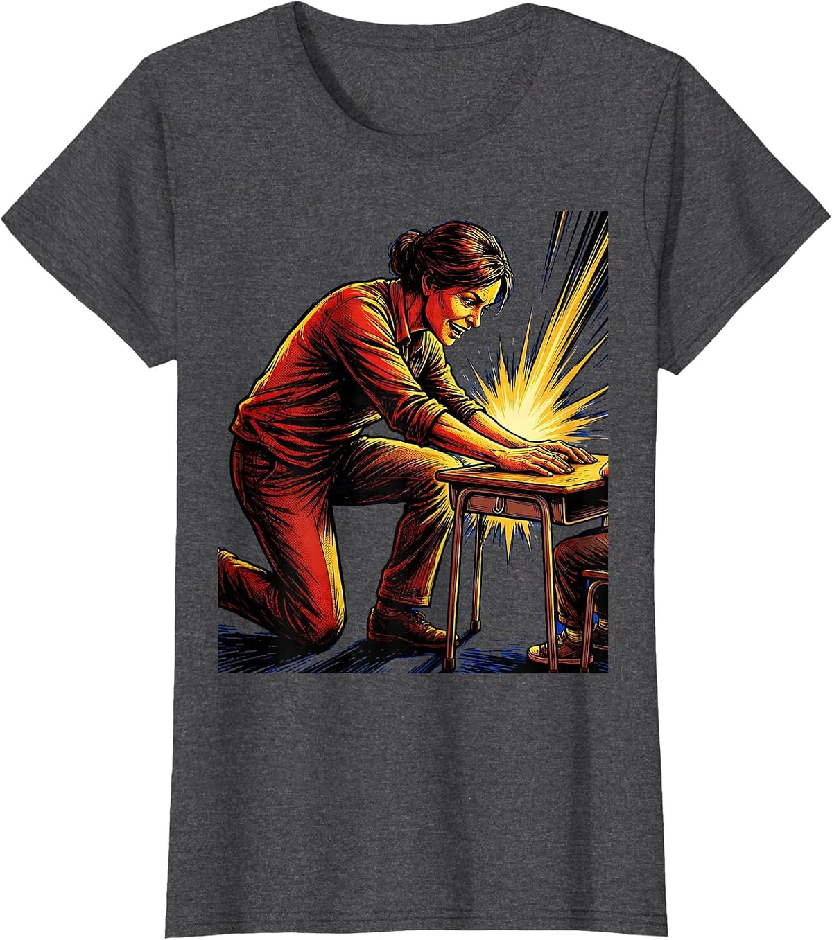 Women's SPED Teacher Kneeling at Student Desk Illustration T-Shirt - Dark Heather Grey