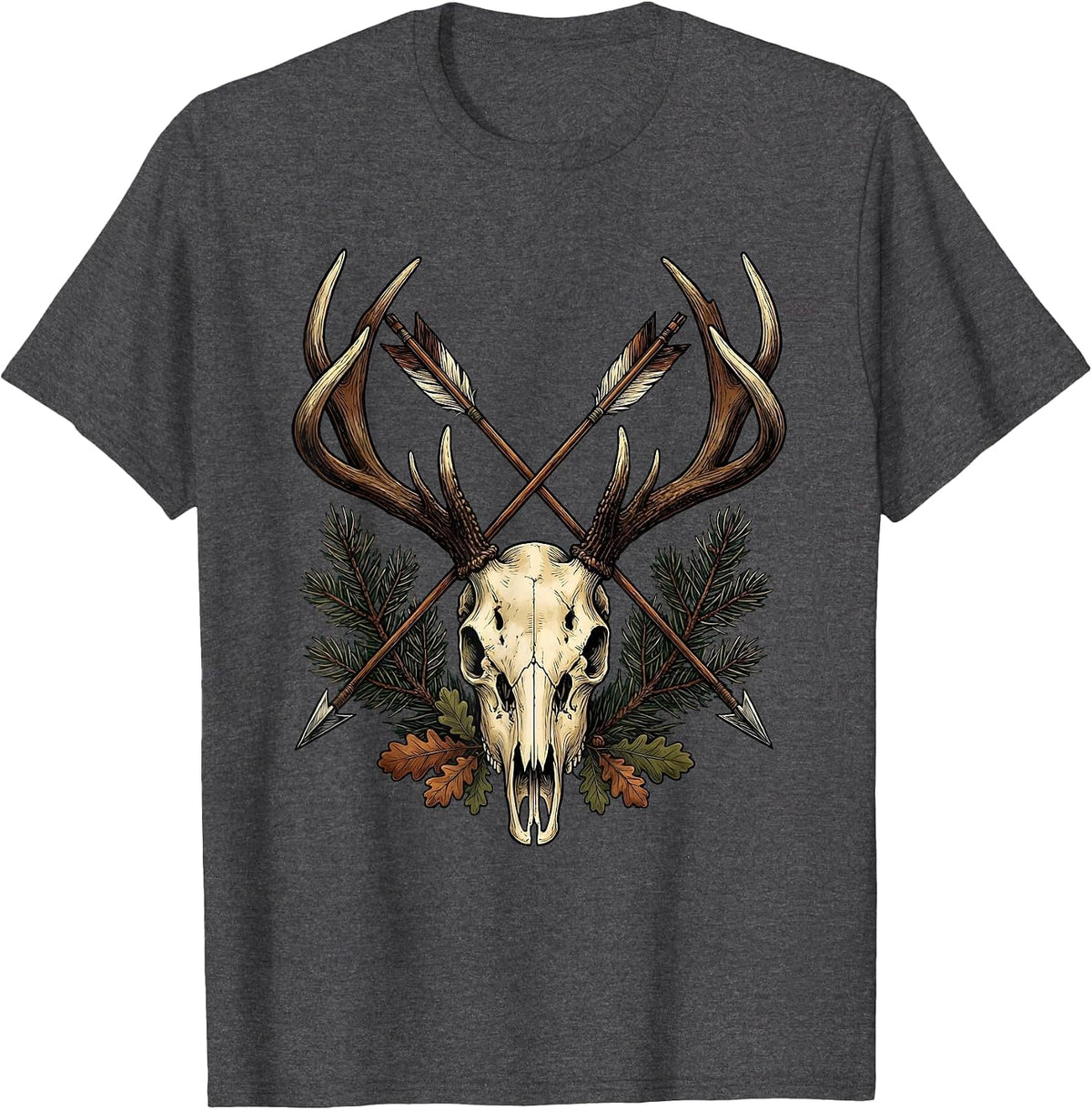 Crossed Arrows Deer Skull Hunting Graphic Tee T-Shirt - Dark Heather Grey