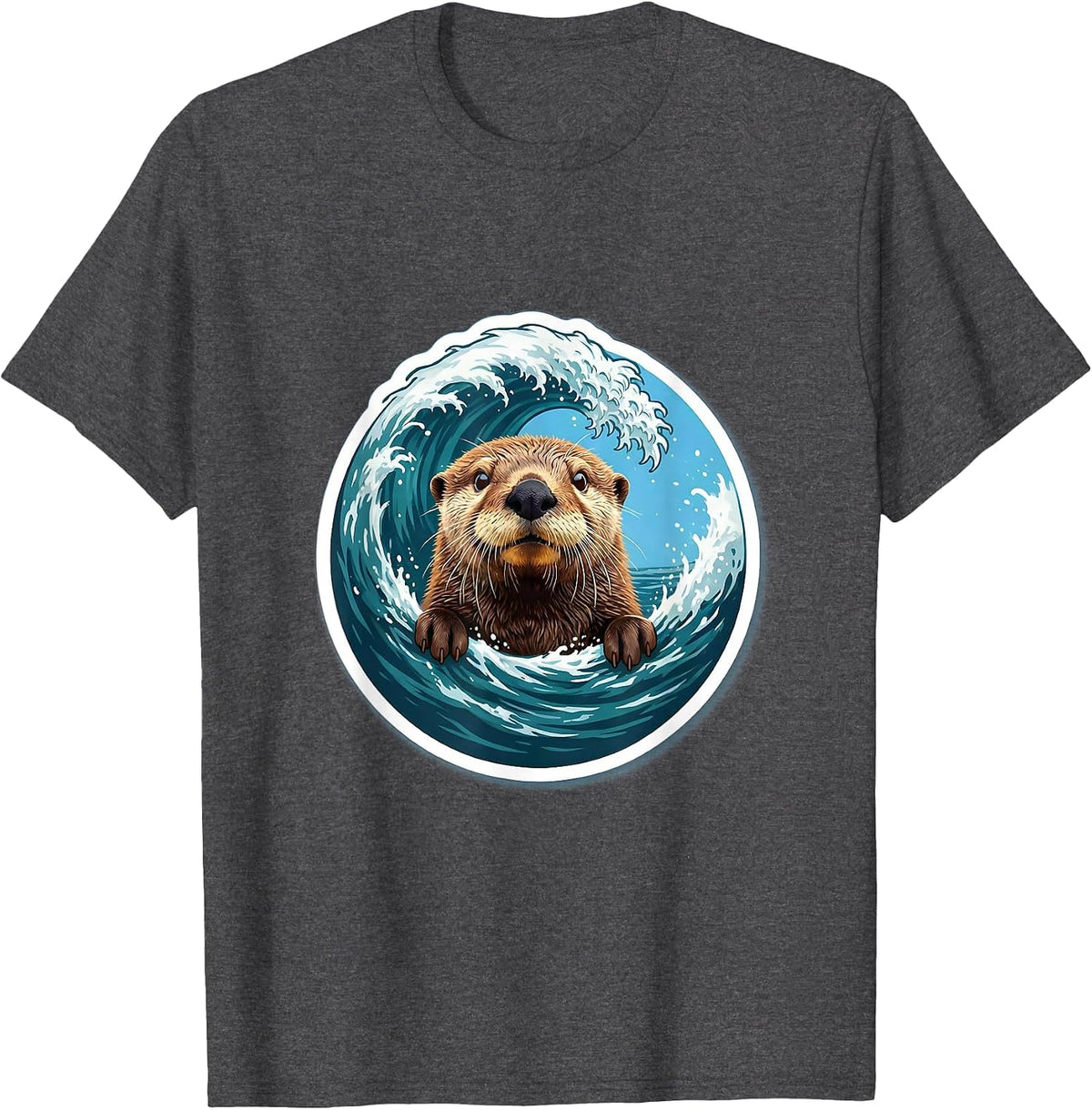 Sea Otter Crashing Ocean Wave Illustration T-Shirt - Dark Heather Grey