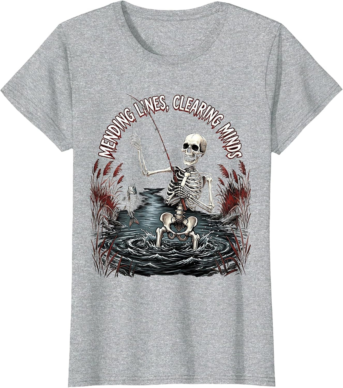 Mending Lines Clearing Minds Fly Fishing Design T-Shirt - Heather Grey