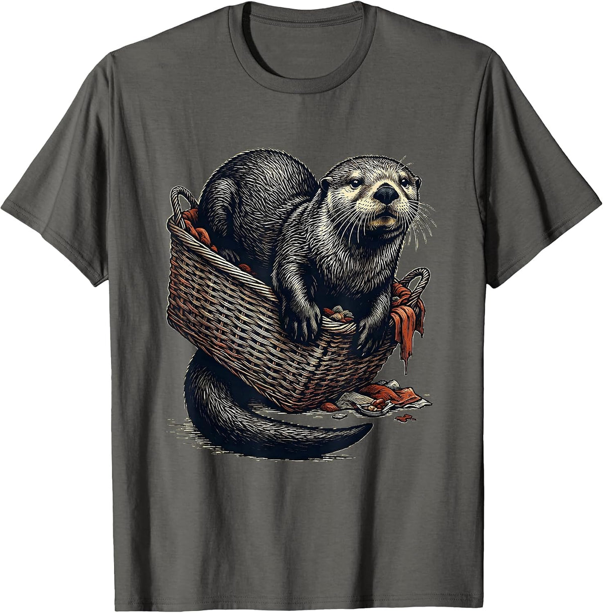 Men's Sea Otter Linocut Funny Otter Lover Gift T-Shirt - Asphalt Grey