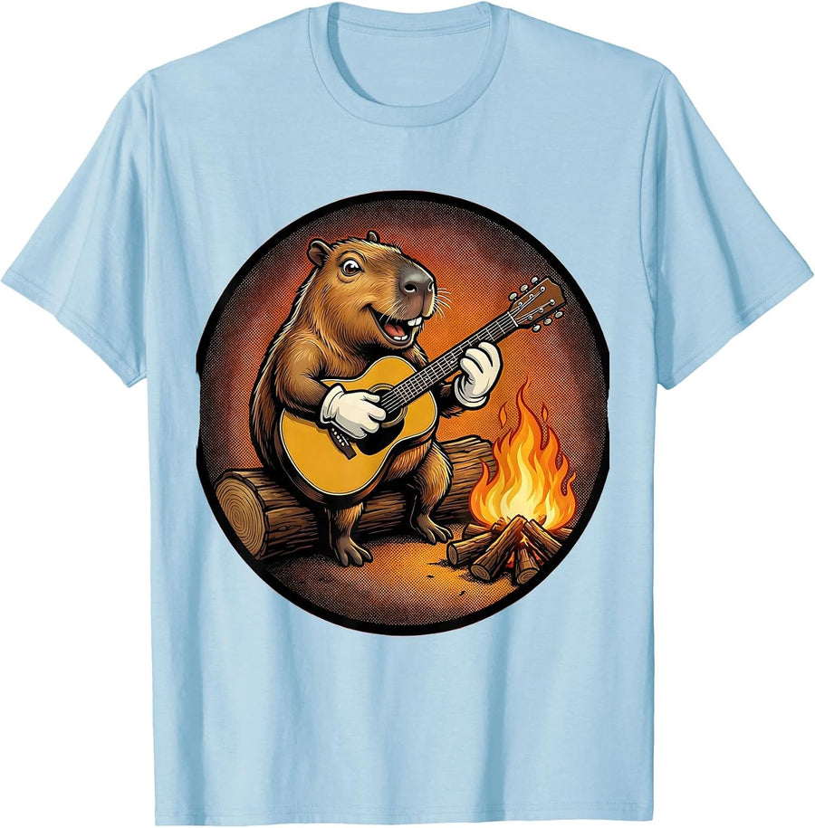 Men's Capybara Guitar Campfire Music Illustration T-Shirt - Baby Blue